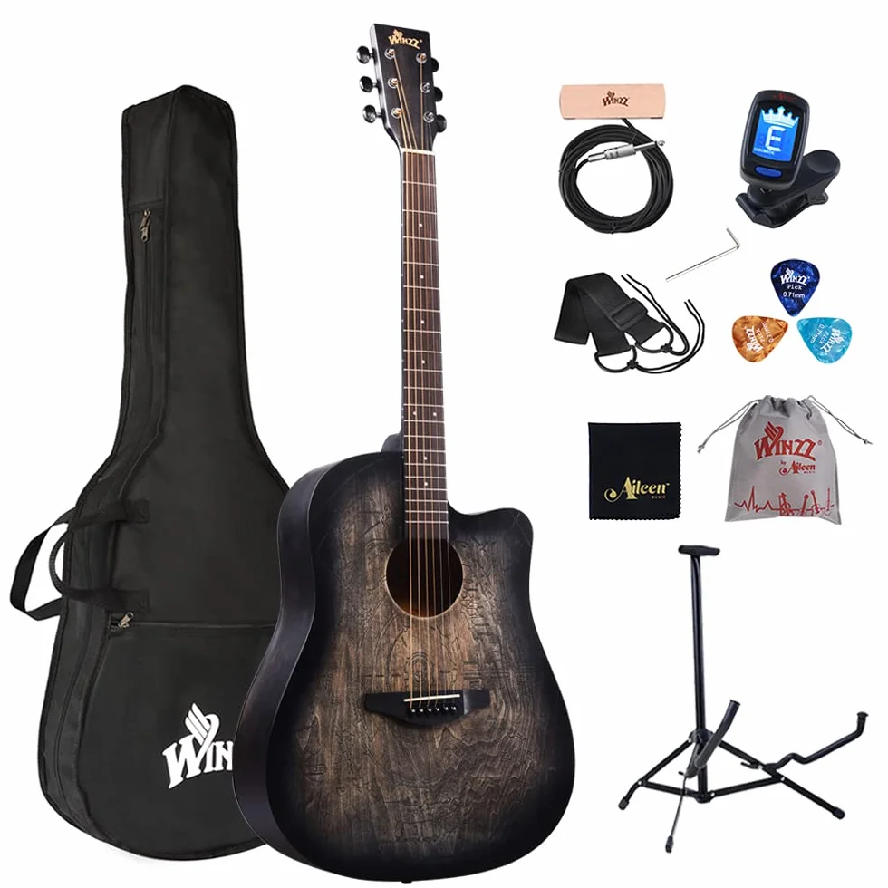 Winzz Gitara akustyczna 4/4 dla początkujących, Country and Folk Guitar 41 cali (Vintage Grawerowanie) Czarna