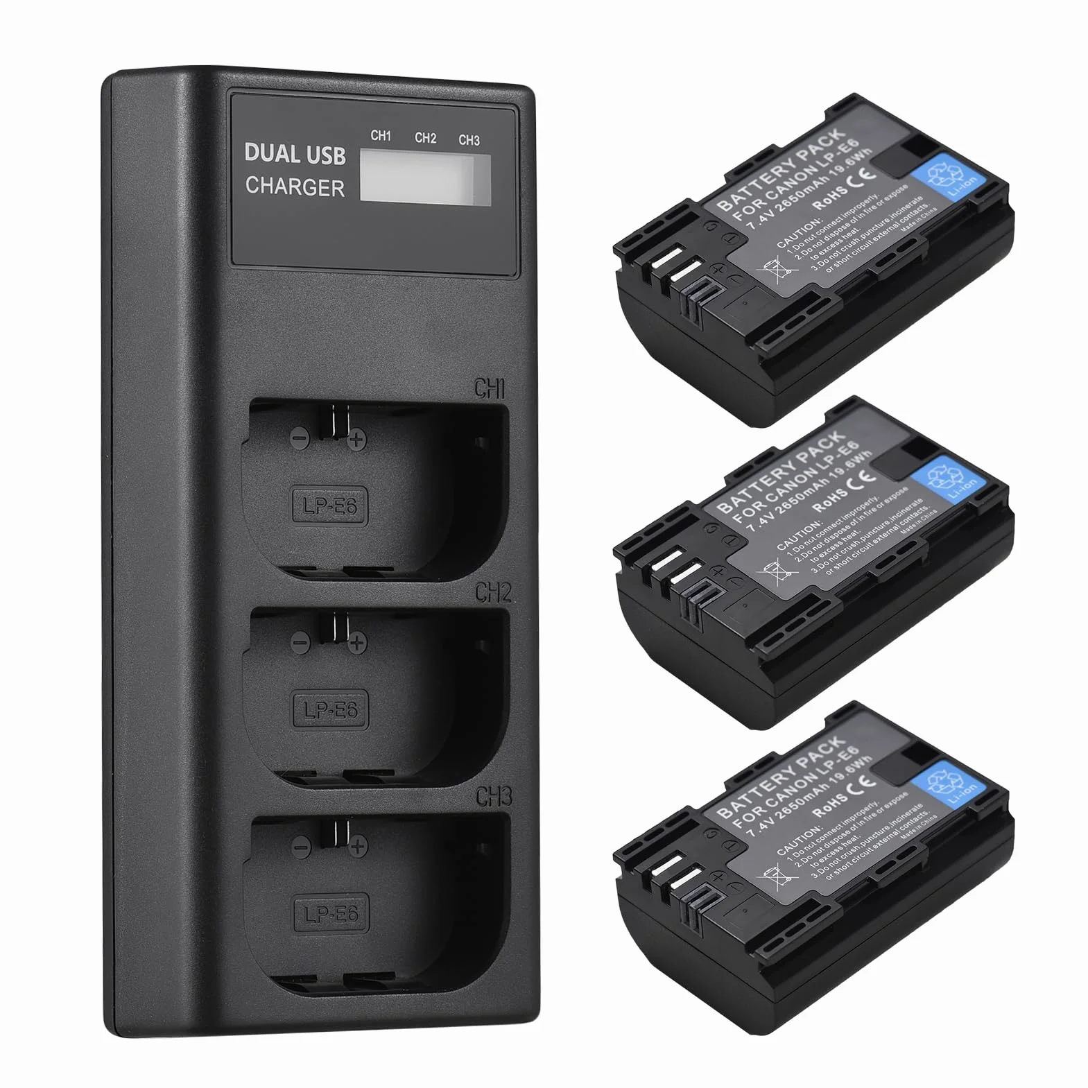 Andoer LP-E6 akumulator zamienny i zestaw ładowarki, ładowarka 3 gniazda + 3 akumulatory LP-E6 2650 mAh kompatybilne z Canon EOS 5D Mark II III IV/5DS/5DS R/6D/6D Mark II/7D Mark II/60D/70D/80D/90D