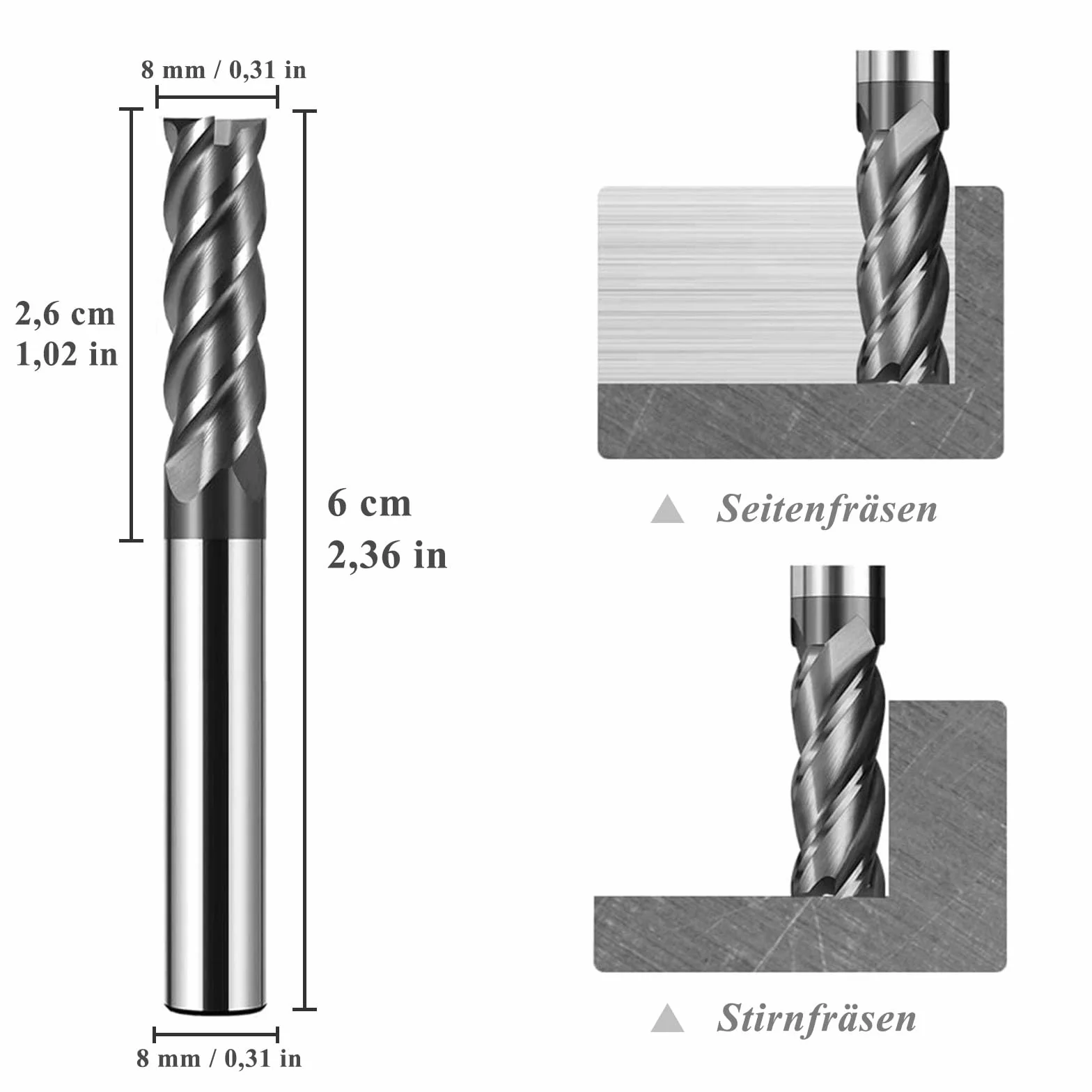 Frez trzpieniowy, 8 mm VHM CNC frez z twardego metalu, 4 flety, spiralne frezy tnące, do metalu, drewna, akrylu, tworzywa sztucznego