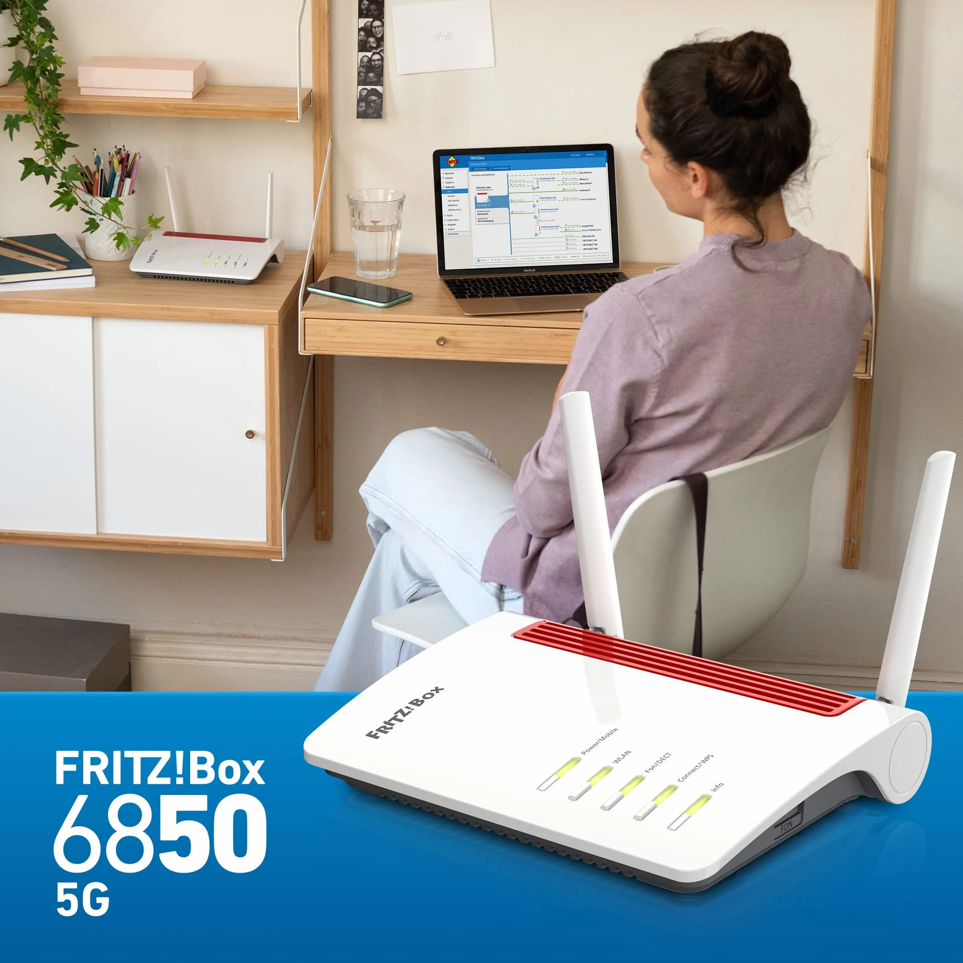 AVM FRITZ!Box 6850 5G międzynarodowy (internet komórkowy o prędkości do 1300 Mbit/s, Wi-Fi AC + N do 866 Mbit/s (5 GHz) oraz 400 Mbit/s (2,4 GHz), 4x Gigabit LAN, stacja bazowa DECT, USB 3.0)