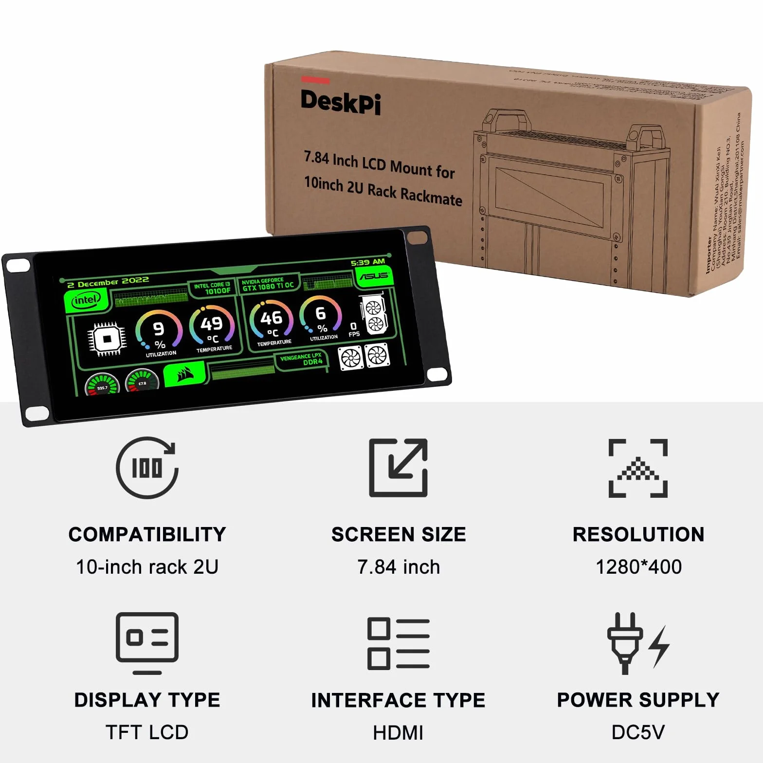 GeeekPi 7.84 calowy 1280 x 400 Pojemnościowy ekran dotykowy LCD Monitor do montażu na regał DeskPi RackMate T0/T1/T2 Szafka serwerowa