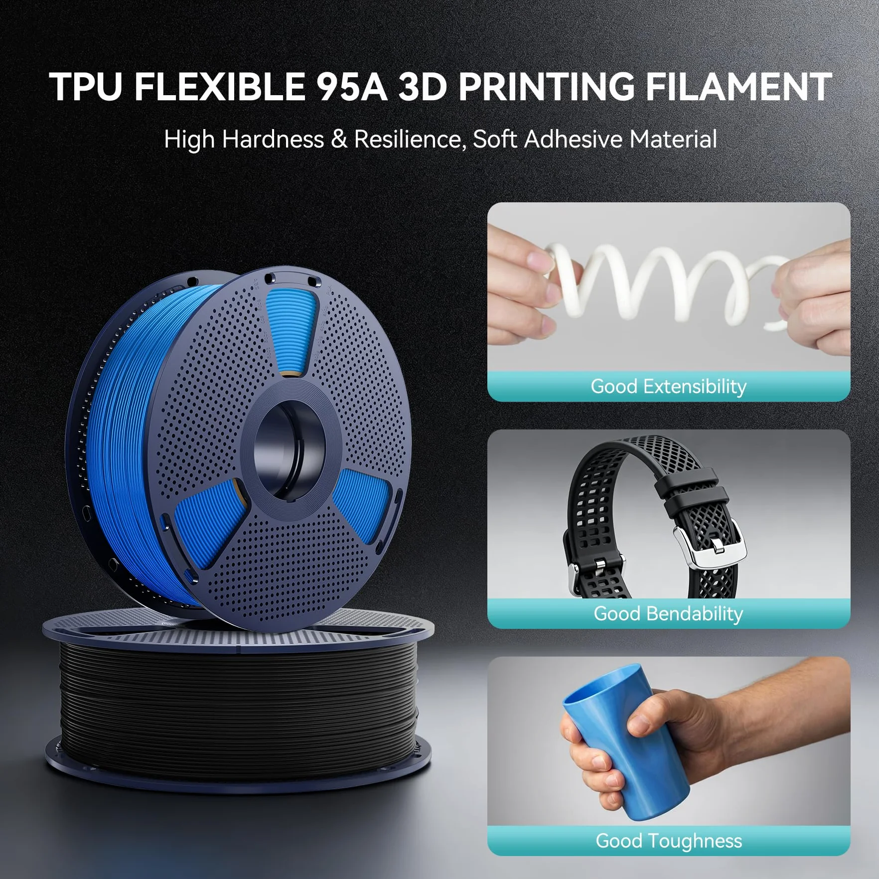 SUNLU 2KG TPU 3D Druku Filament 1,75 mm, przemysłowy klasy 95A TPU,odporny na zużycie, elastyczny, owysokiej sprężystości, łatwy do drukowania, dokładność ±0,03 mm,1kg,2 Szpule,Czarny+Czarny