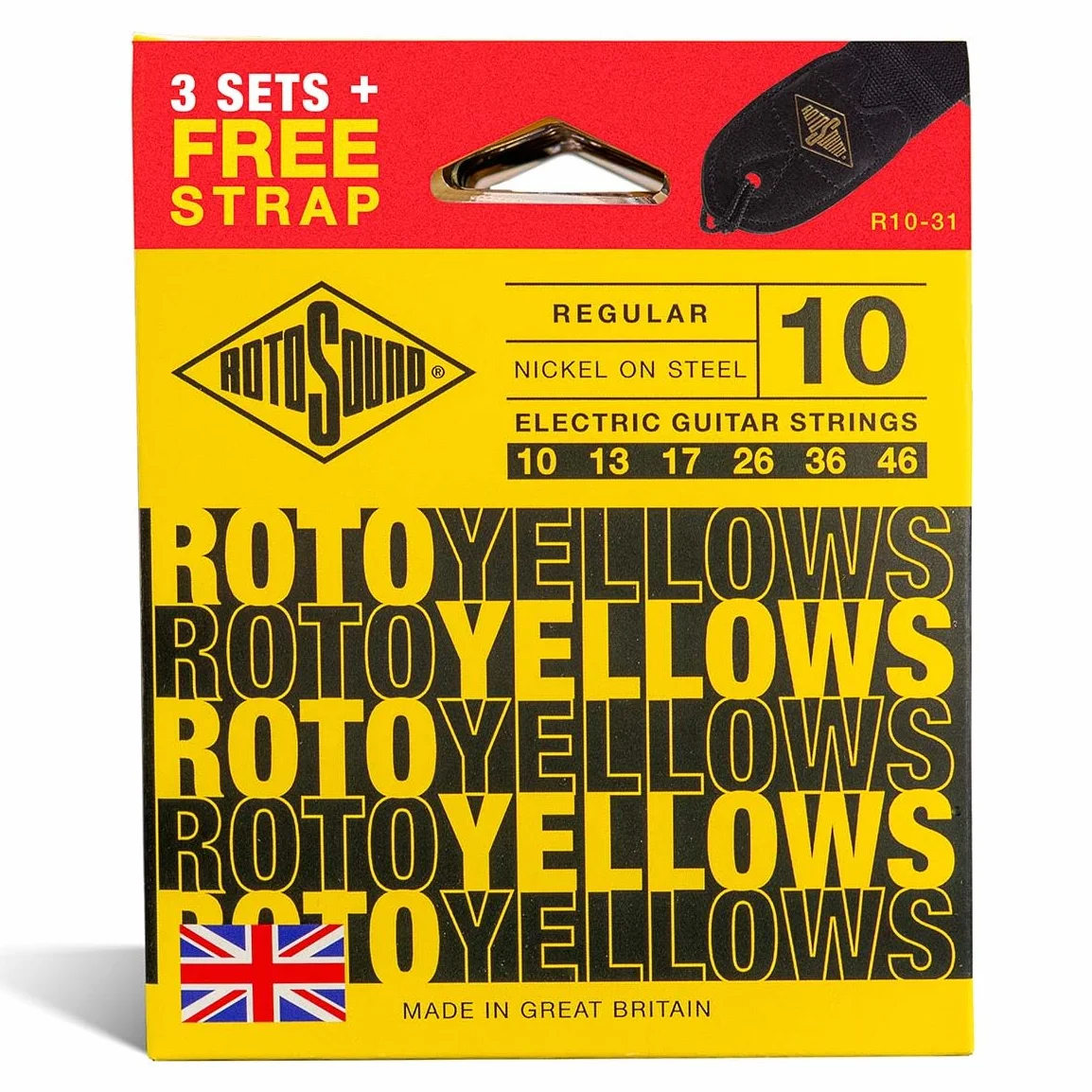 Rotosound Struna do Gitary Elektrycznej Roto niklowane 3 Sety + Pasek YELLOWS R10-31-F Regular 10-46