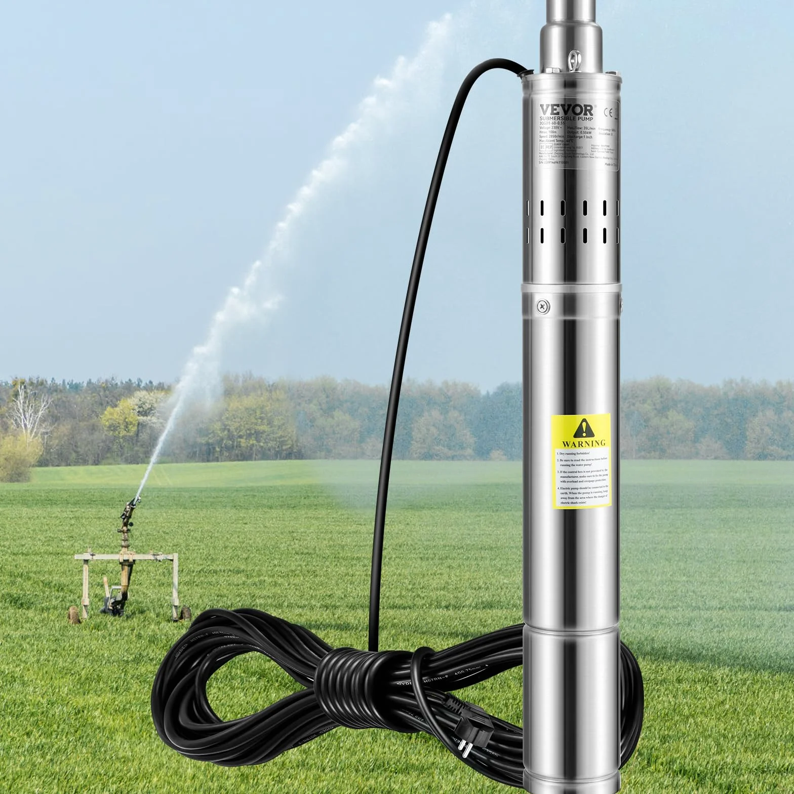 VEVOR Pompa zatapialna 550 W Przepływ 35 l/min do basenu ogrodowego ogrodu ze stali nierdzewnej, pompa głębinowa do głębinowych studni 230 V maks. wysokość tłoczenia 108 m, pompa zatapialna