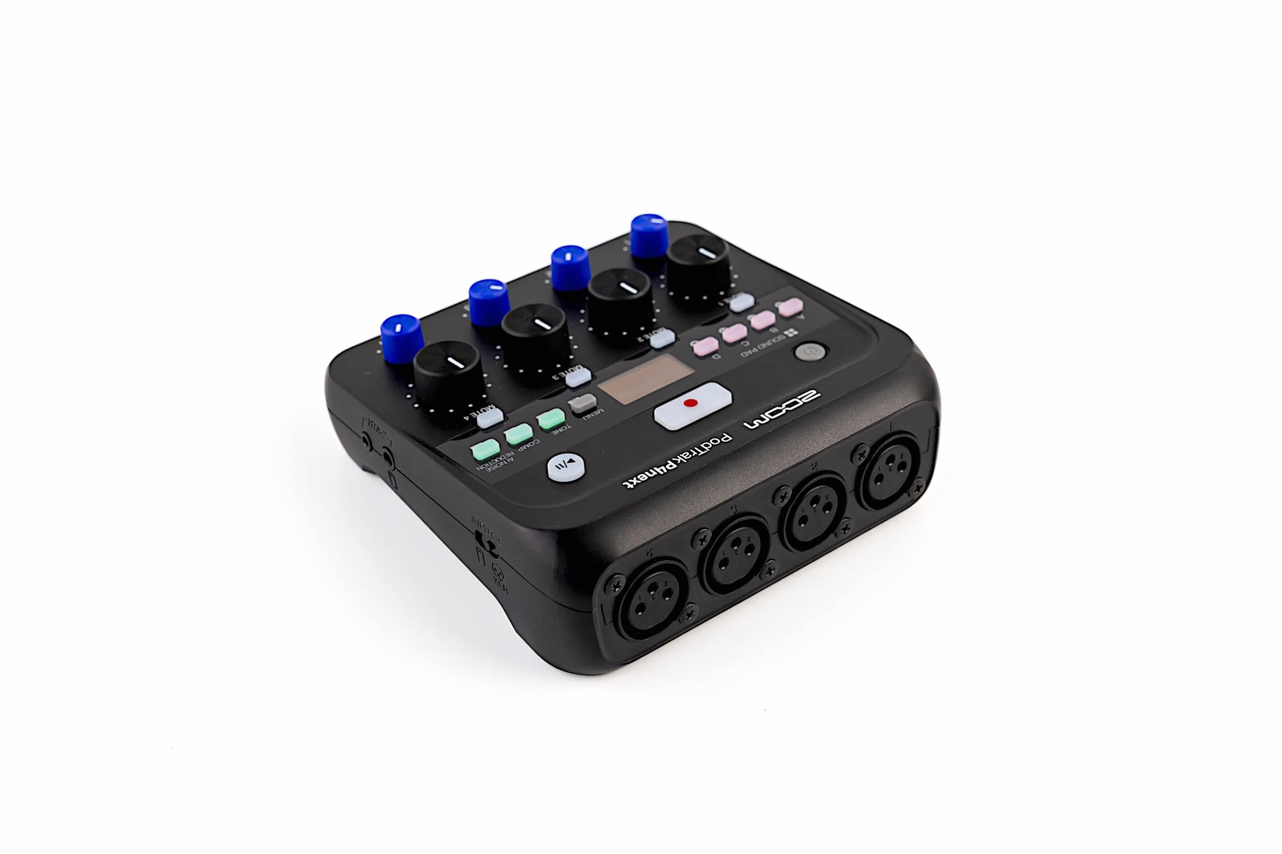 ZOOM PodTrak P4next Rejestrator podcastów, 4 wejścia mikrofonowe XLR, 4 wyjścia słuchawkowe, redukcja szumów AI, efekty dźwiękowe i kompresyjne, wejście telefoniczne, nagrywanie na kartę SD