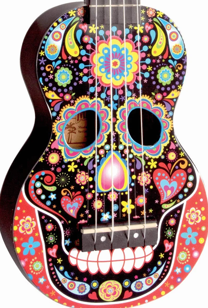Mahalo Artystyczne ukulele sopranowe dla dzieci i początkujących, muzyczne instrumenty strunowe z głowicą i futerałem z przekładnią, mini gitary Uke dla dzieci i dorosłych, prezenty muzyczne, czaszka