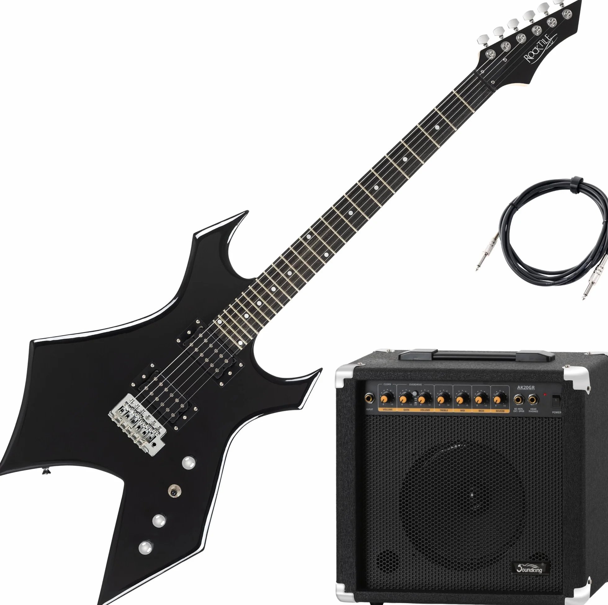 Rocktile Warhead AK20GR gitara elektryczna zestaw – korpus z lipy, podstrunnica z wyselekcjonowanego twardego drewna – zestaw zawiera wzmacniacz kombi 60 W i kabel instrumentalny 3 m – idealny do