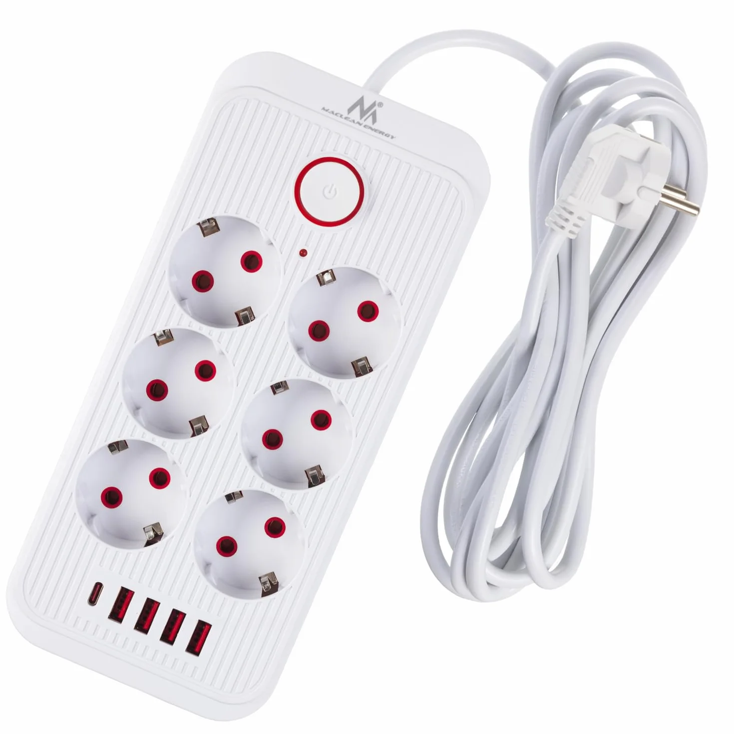 Maclean MCE389/391 Listwa zasilająca | 6 gniazdek 4xUSB 1xUSB-C 2500 W | przedłużacz biurkowy z wyłącznikiem | porty pod kątem 45° | montaż na ścianie (Biały, 6 gniazd + 4xUSB / 3m)