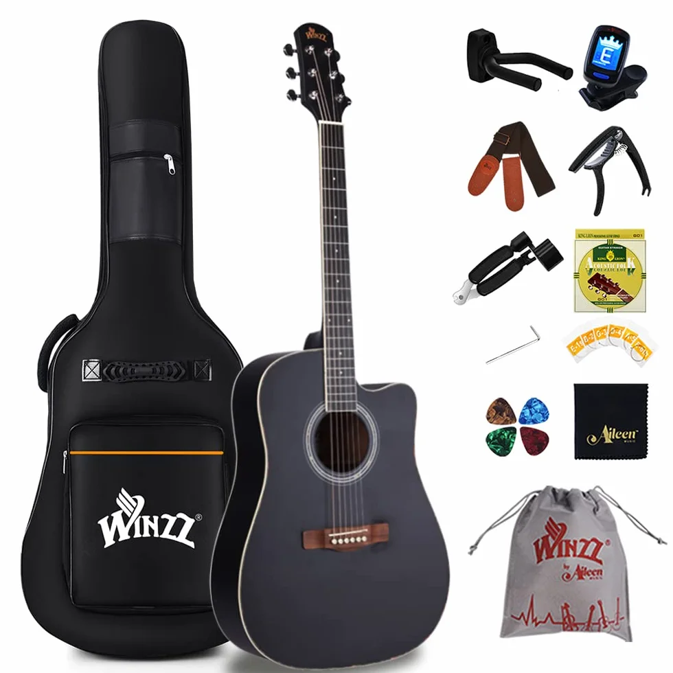 Winzz Pełnowymiarowy zestaw gitary akustycznej 4/4 dla dorosłych początkujących, czarna gitara akustyczna ze stali strunowej dla dzieci w wieku od 12 lat (100 cm, Cutaway)