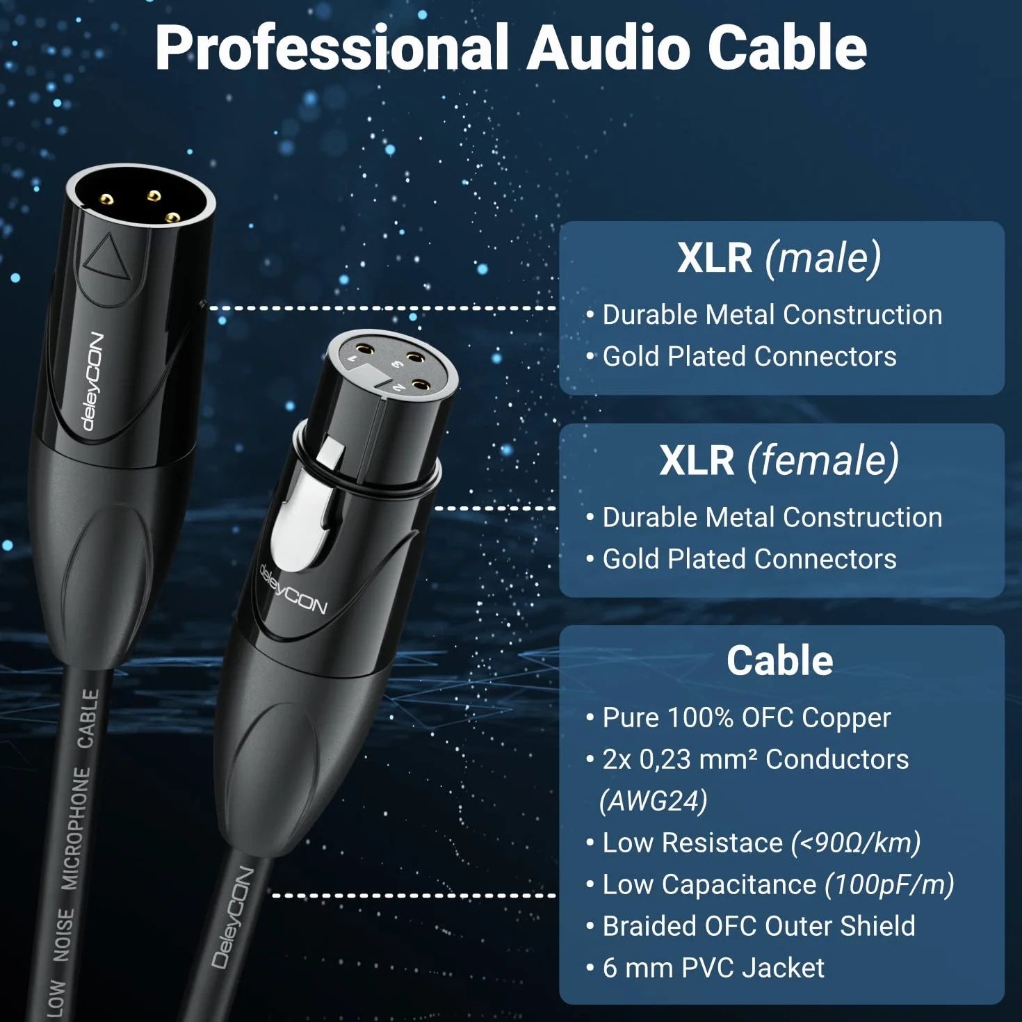 deleyCON 3,0m XLR Kabel Audio - Jakość Studyjna - z Czystej Miedzi OFC (AWG24) - Kabel Mikrofonowy z Eliminacją EMI i RFI - z Metalowym Zatrzaskiem i Pozłacanymi Stykami - 3-Biegunowy DMX
