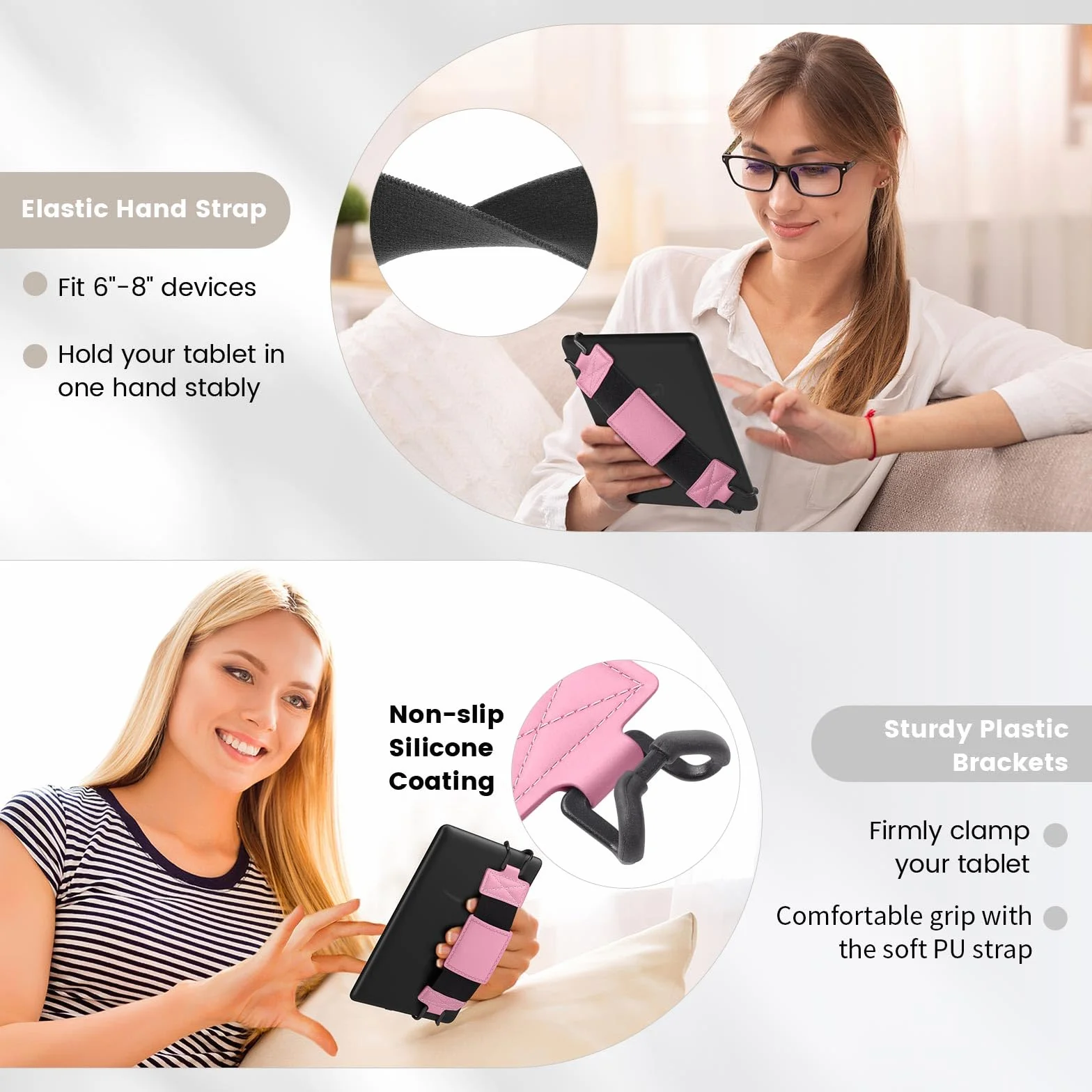 MoKo Soft Hand Strap for 6-8" Kindle eReaders Fire Tablet Kindle/Kobo/Voyaga/Sony Kindle E-Book Tablet, Black High-Elasticity Versatile Hand Strap Lightweight Finger Grip Holder, Pink
