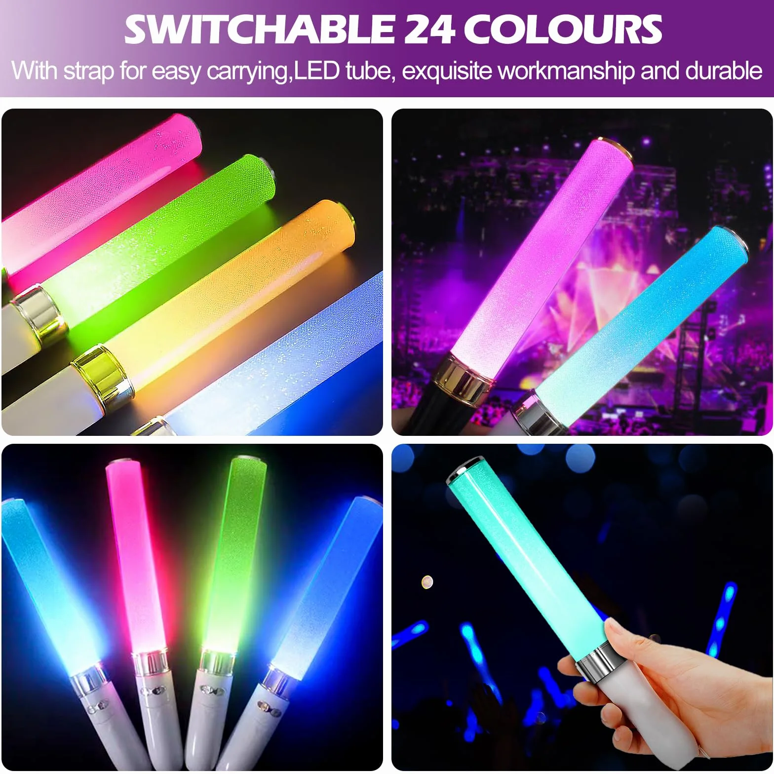 Vegena Pręty świetlne LED, 2 sztuki, z włókna szklanego, akcesoria imprezowe, 24 kolory, przełączane, świecące pręty LED, koncert, wesele, kolorowe na Boże Narodzenie, imprezę, koncert, wesele