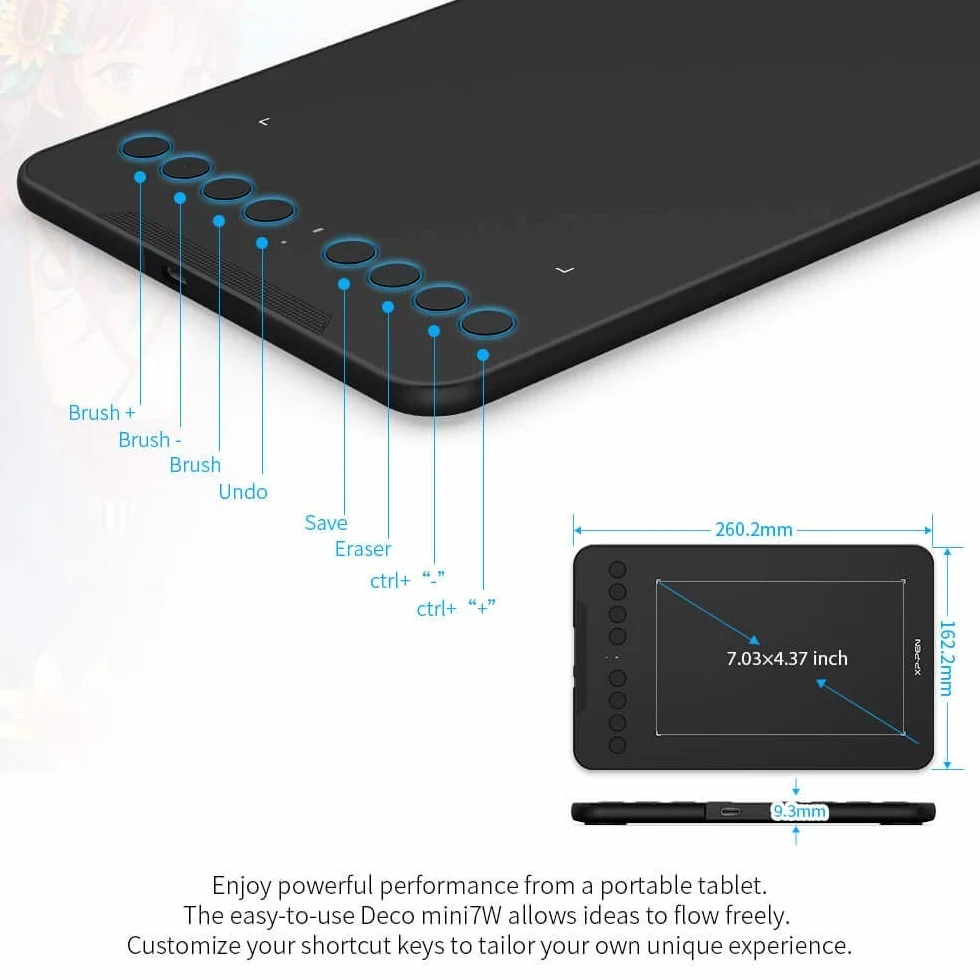 XPPen Deco Mini tablet graficzny 7 W, 2,4 G, bezprzewodowy tablet do rysowania, z nachyleniem 60°, kompatybilny z systemem Android/Windows/Mac/Chromebook