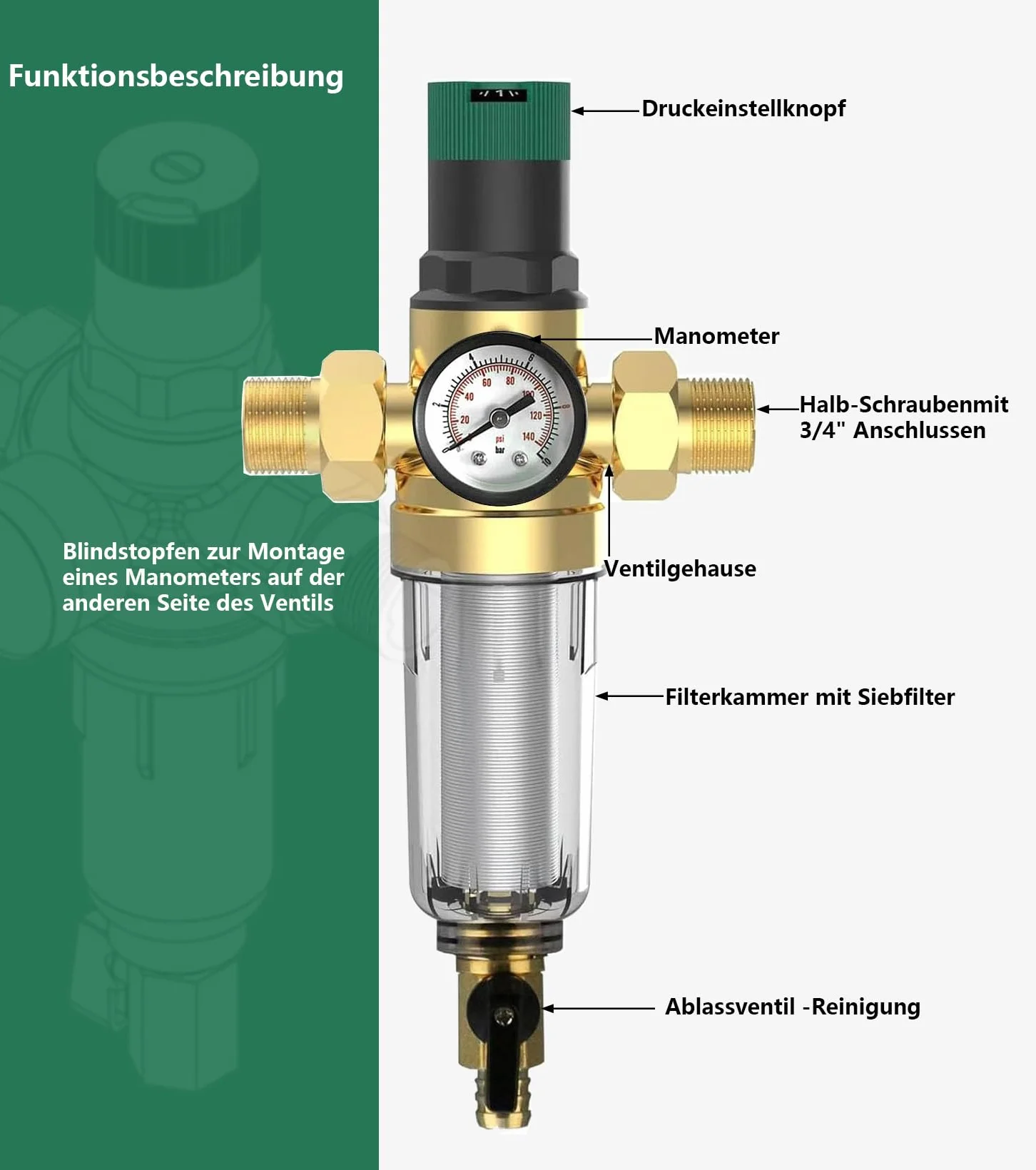 6 sztuk filtrów do płukania zwrotnego z reduktorem ciśnienia i manometrem, filtr wody, przyłącze domowe 3/4 cala, DN 20, filtr wstępny, filtr osadowy, regulator ciśnienia wielokrotnego użytku