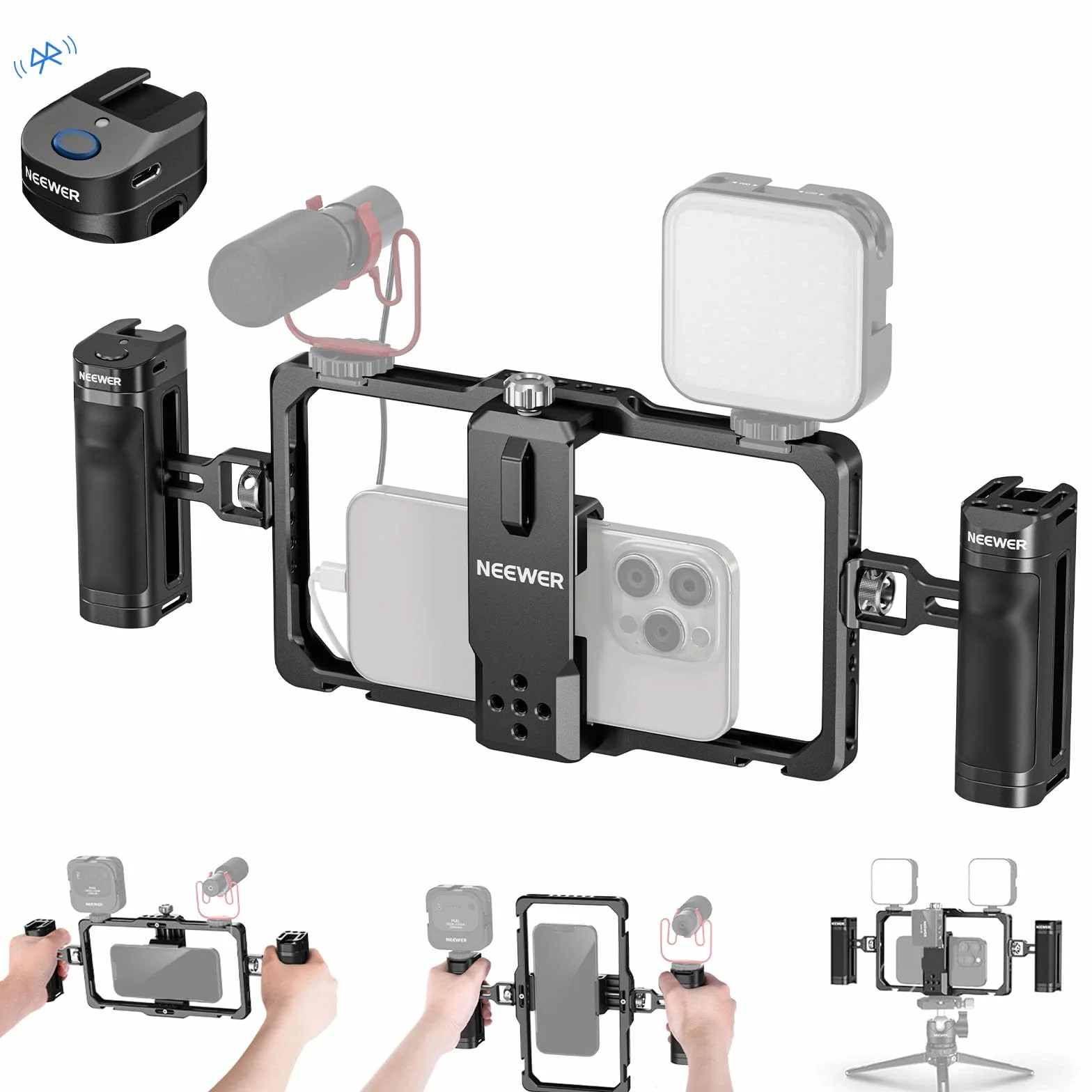 NEEWER Uniwersalna klatka na telefon z wyzwalaczem Bluetooth, uchwyt boczny, wygodne uchwyty, stabilizator do wideo, Phone Cage kompatybilny z iPhone 15 Pro Max 15 Pro Galaxy S24 Ultra PA009E