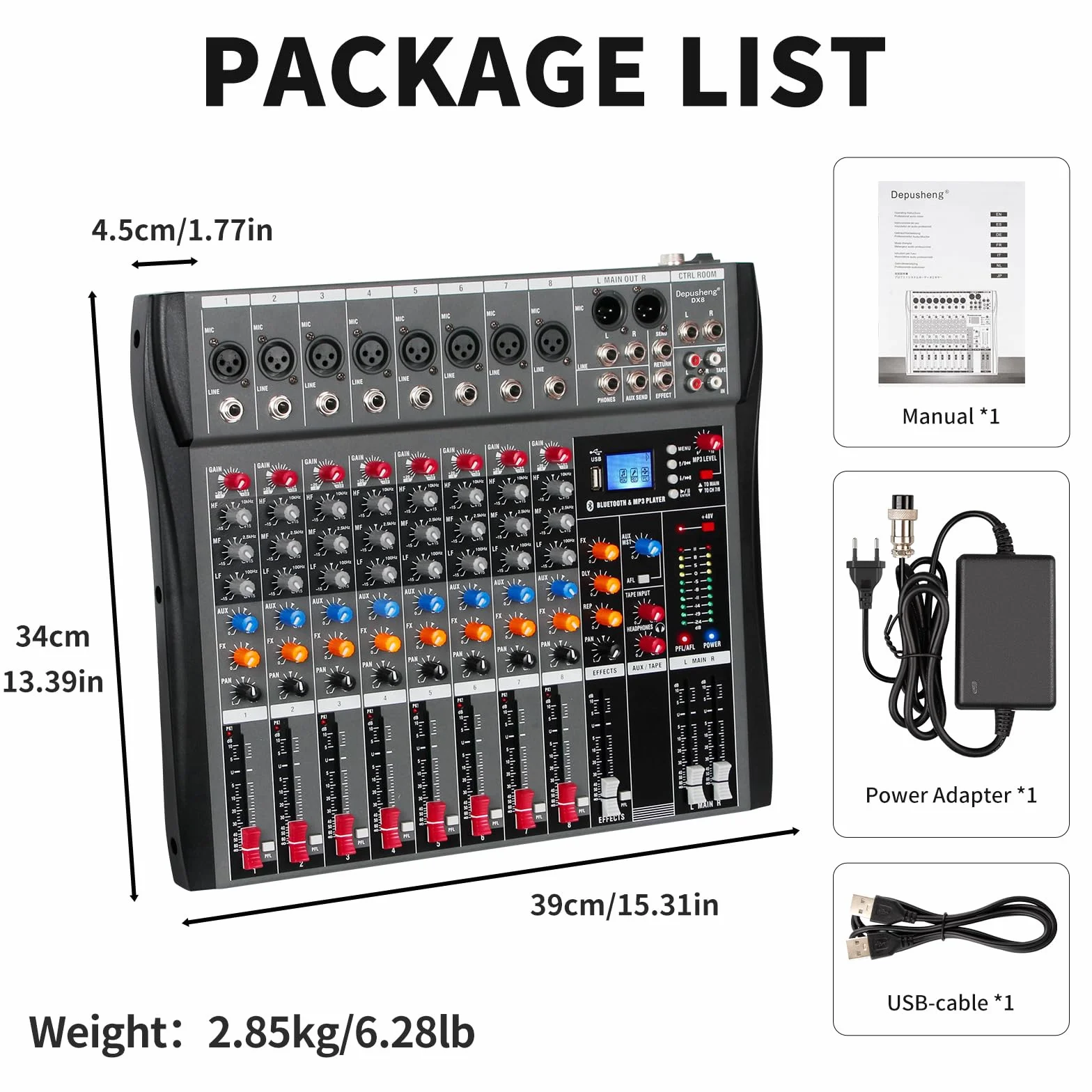 Depusheng DX8 Profesjonalny mikser Płyta dźwiękowa Konsola 8-kanałowy interfejs USB Wejście MP3 48V Zasilanie Phantom Stereo DJ Studio FX Stalowa obudowa, czarny mikser audio Bluetooth USB na PC