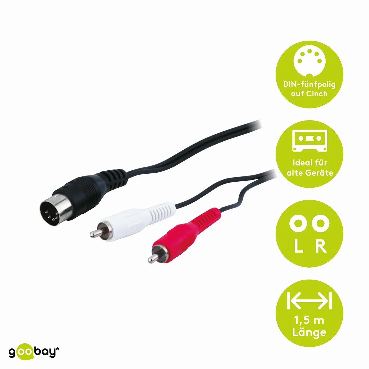 Goobay 50014 kabel audio adapter do połączenia ze starymi urządzeniami audio; połączenie za pomocą 5-biegunowej wtyczki DIN na 2 wtyczki cinch (R/L); 1,5 m