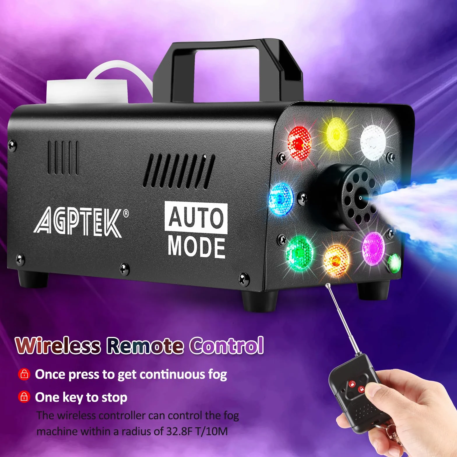 AgptEK maszyna do mgły z bezprzewodowym pilotem zdalnego sterowania i światłem LED, 500 W, stabilna i przenośna, pasuje na Halloween, Boże Narodzenie, wesela, występy sceniczne itp