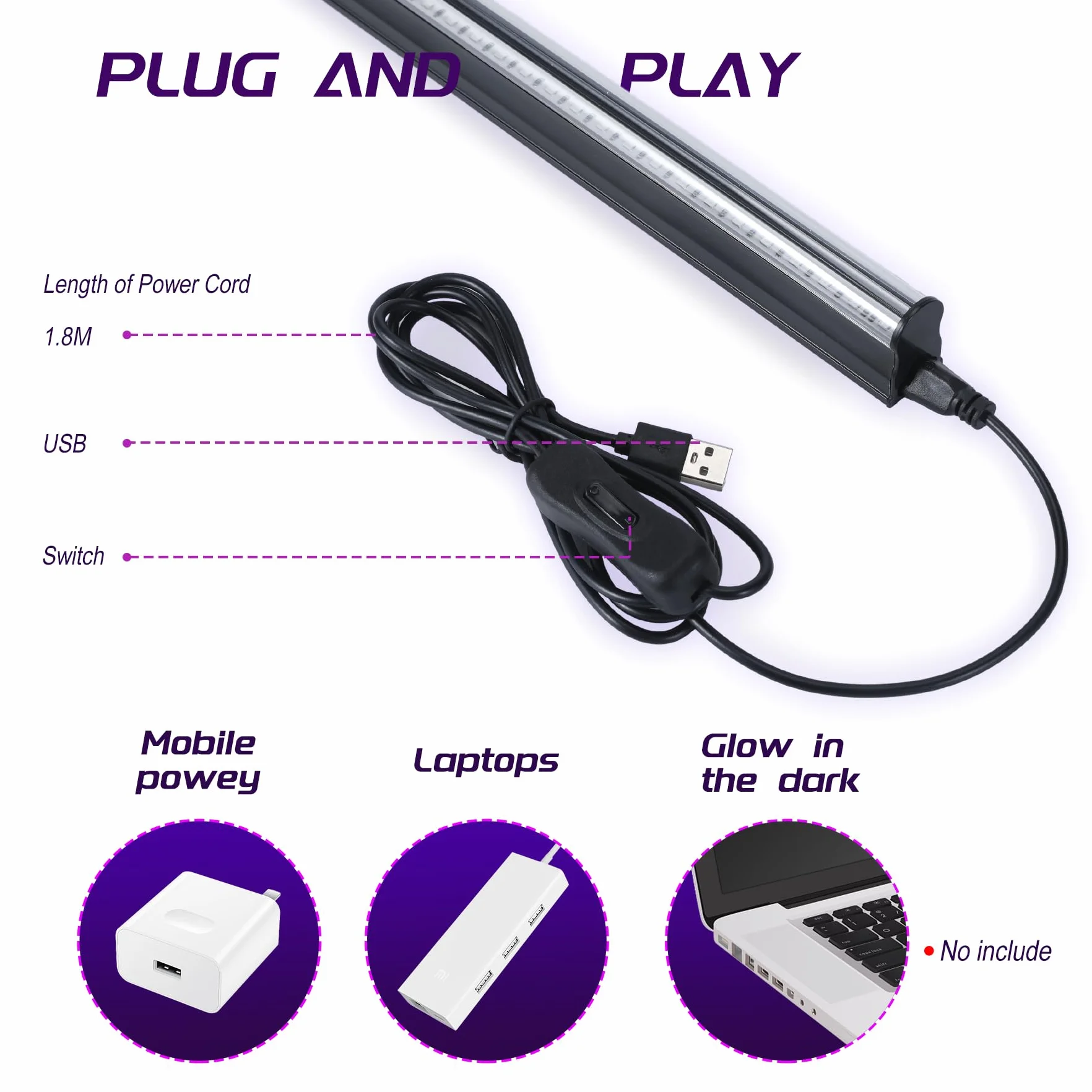 VAYALT 2 sztuki lamp UV z czarnym światłem, 8W USB UV LED lampa z czarnym światłem 385-400 listwa z czarnym światłem, rurka UV z przełącznikiem na dyskotekę, imprezę świecącą, akcesoria imprezowe