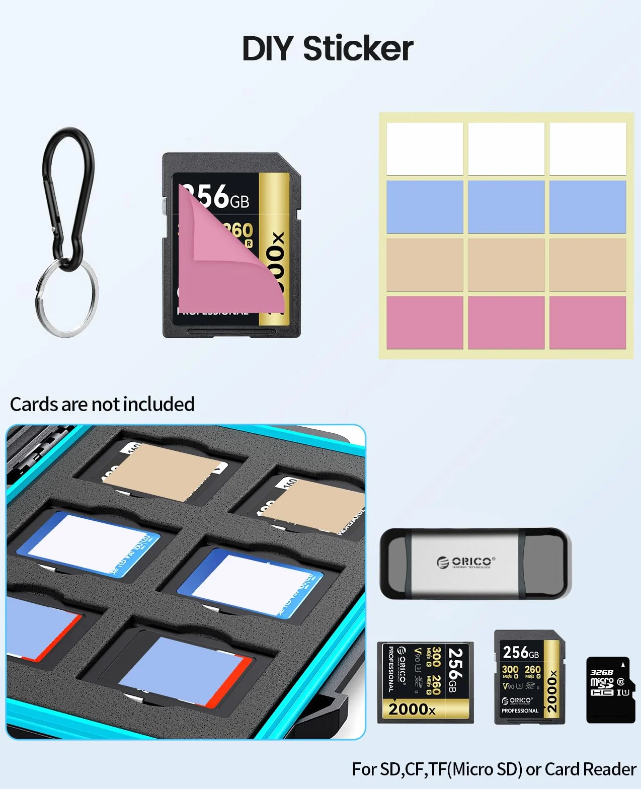 Etui ochronne na karty pamięci ORICO SD Memory Card Case na 12 kart SD i 12 kart TF, etui na karty pamięci, wodoszczelne i pyłoszczelne, z karabińczykiem i naklejką (PHCD-3)