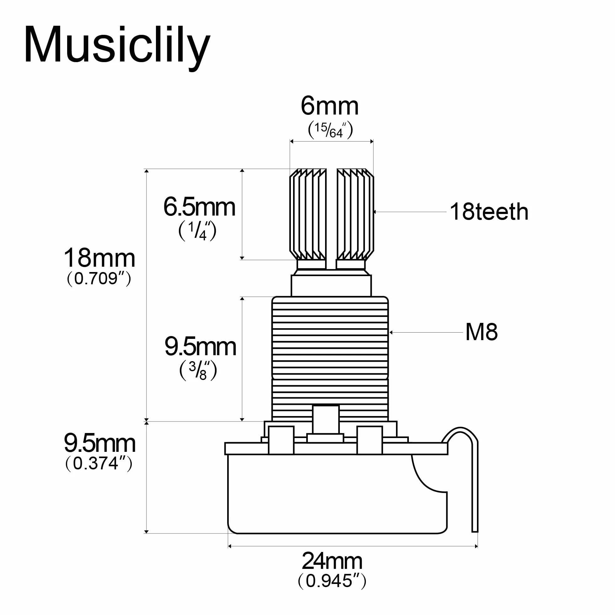 Musiclily Metryczna B250K Mini Potencjometr Gitarowa Liniowy Split Shaft Poti do Gitary Elektrycznej Basowej(2 szt.)