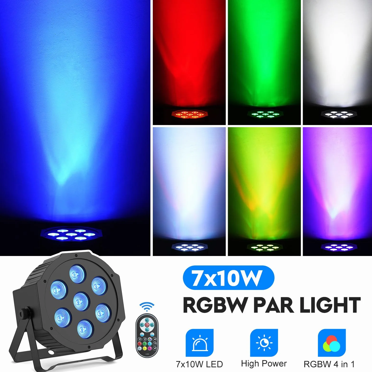 RGBW SEBRUANC 7 LED DMX projektor LED z pilotem zdalnego sterowania, 8 trybów świecenia, do DJ-a, baru, na Boże Narodzenie, Haloween, 4 sztuki