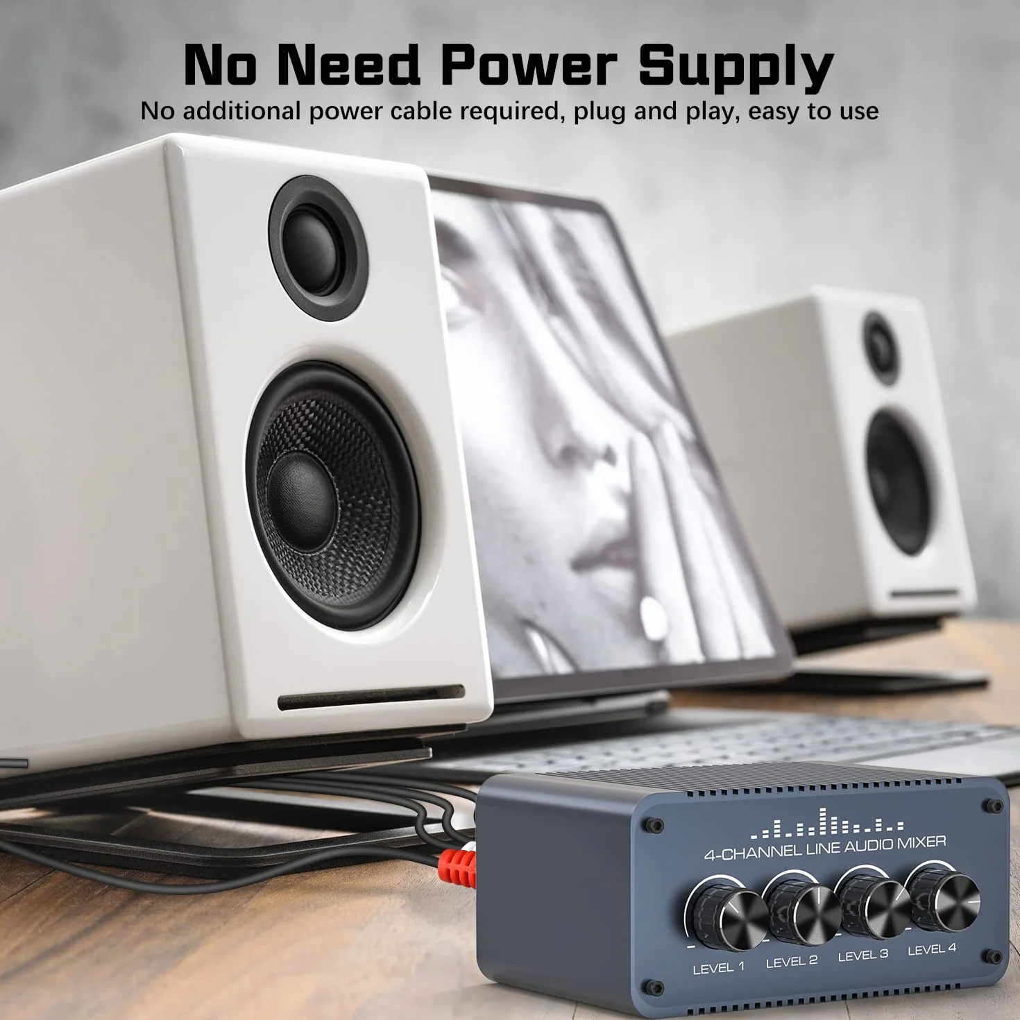 Tendak Mini Pasywny Stereo Mikser Audio 4 Kanałowy Cinch Mini-Mikser Stereo 4 wejścia 1 wyjście RCA L/R Mikser Audio z Oddzielnymi Regulatorami Głośności dla Mieszania Instrumentów, Komputera