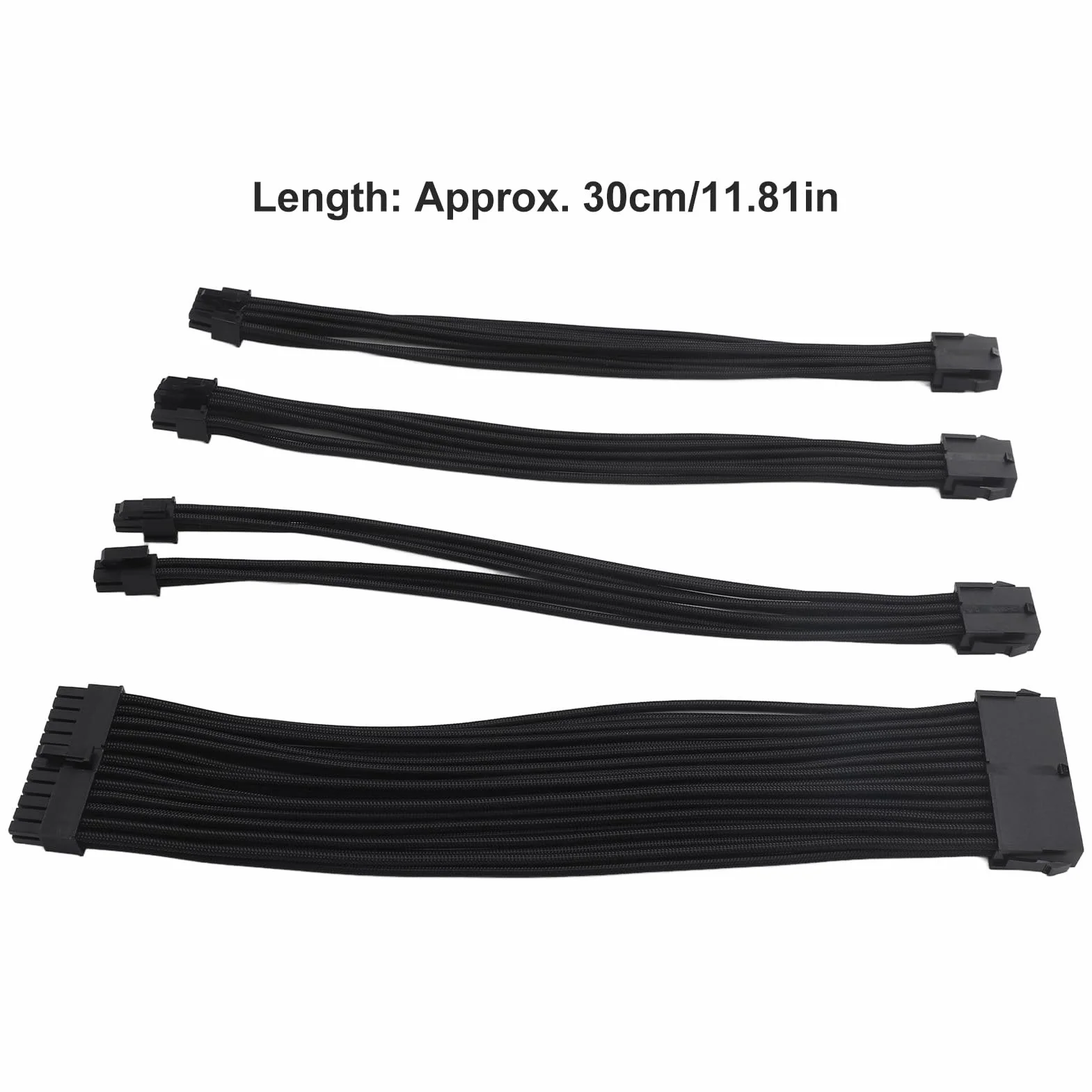 Asixxsix Zestaw Przedłużacza Kabla PSU z Grzebieniem Kablowym, Przedłużacze Kabla PSU 18AWG, 24-pinowe Złącze ATX 4+4Pin CPU w Nylonowej Osłonie 30cm, 6+2Pin PCIE GPU Przedłużacz Zasilania (BLACK)