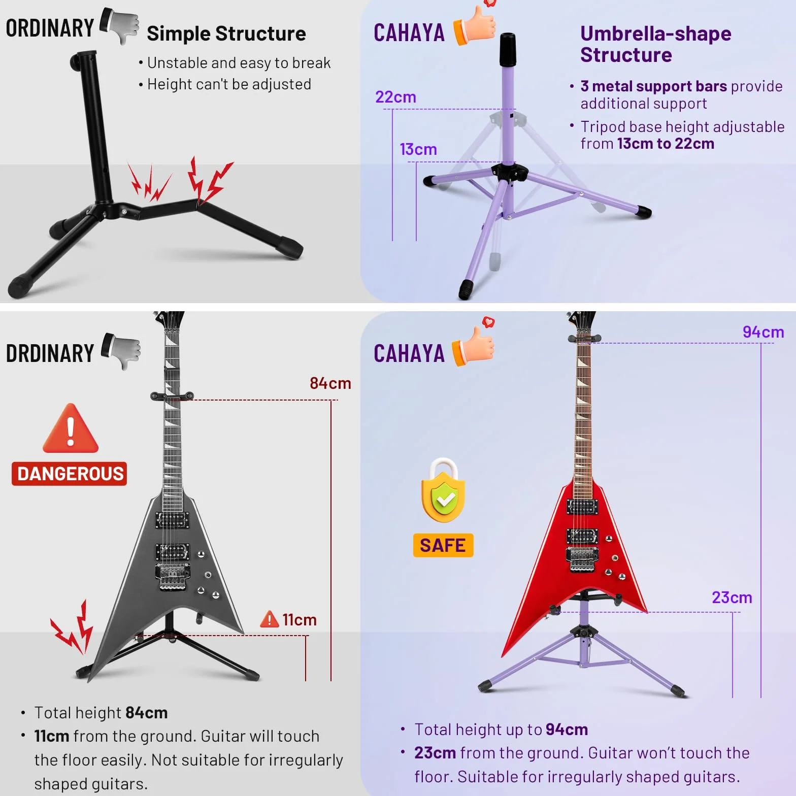 CAHAYA CY00253-2 stojak na gitarę regulowany składany uniwersalny statyw do gitary akustycznej elektrycznej basowej banjo fioletowy