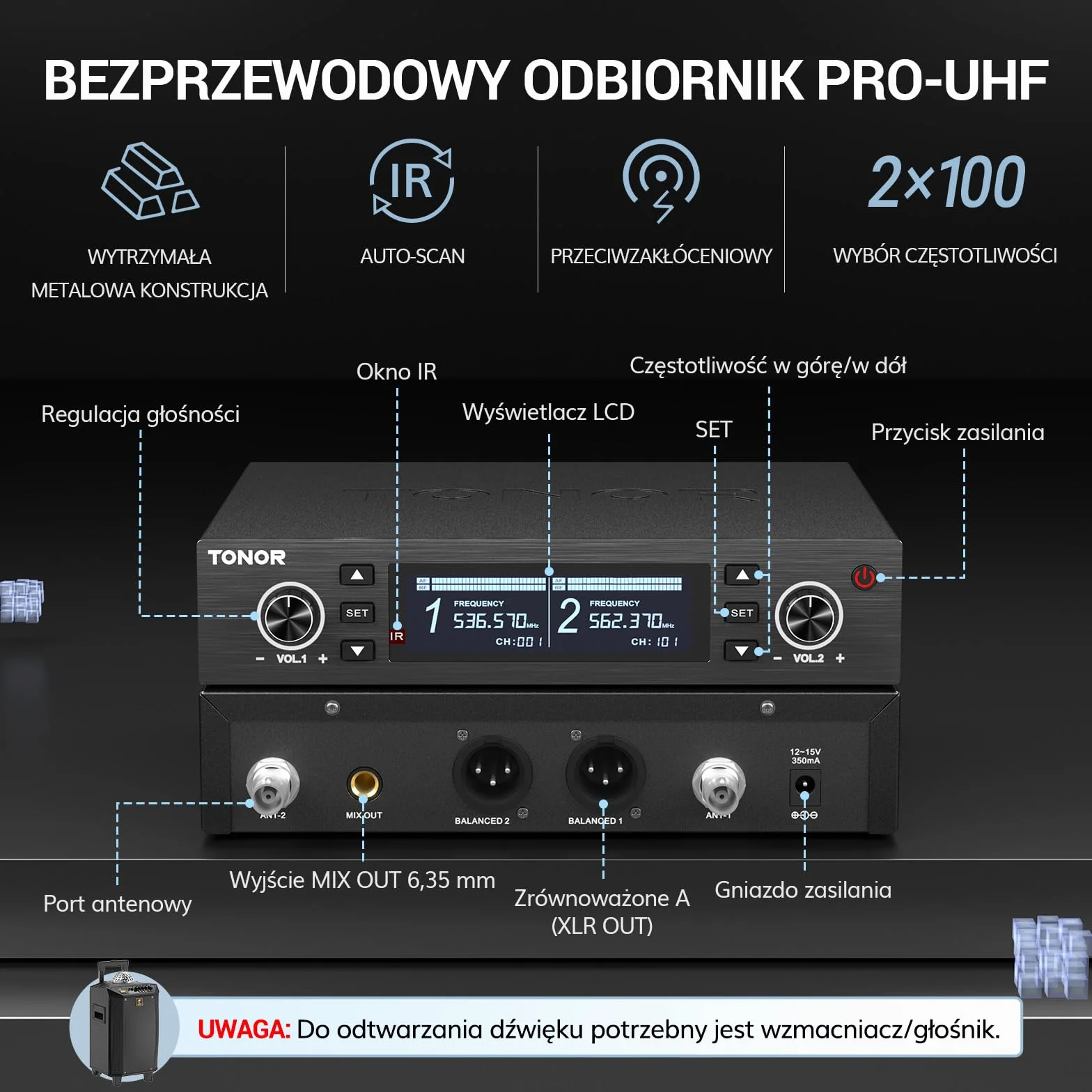 TONOR Profesjonalny system mikrofonów bezprzewodowych UHF 100x2, 100 m, TW750