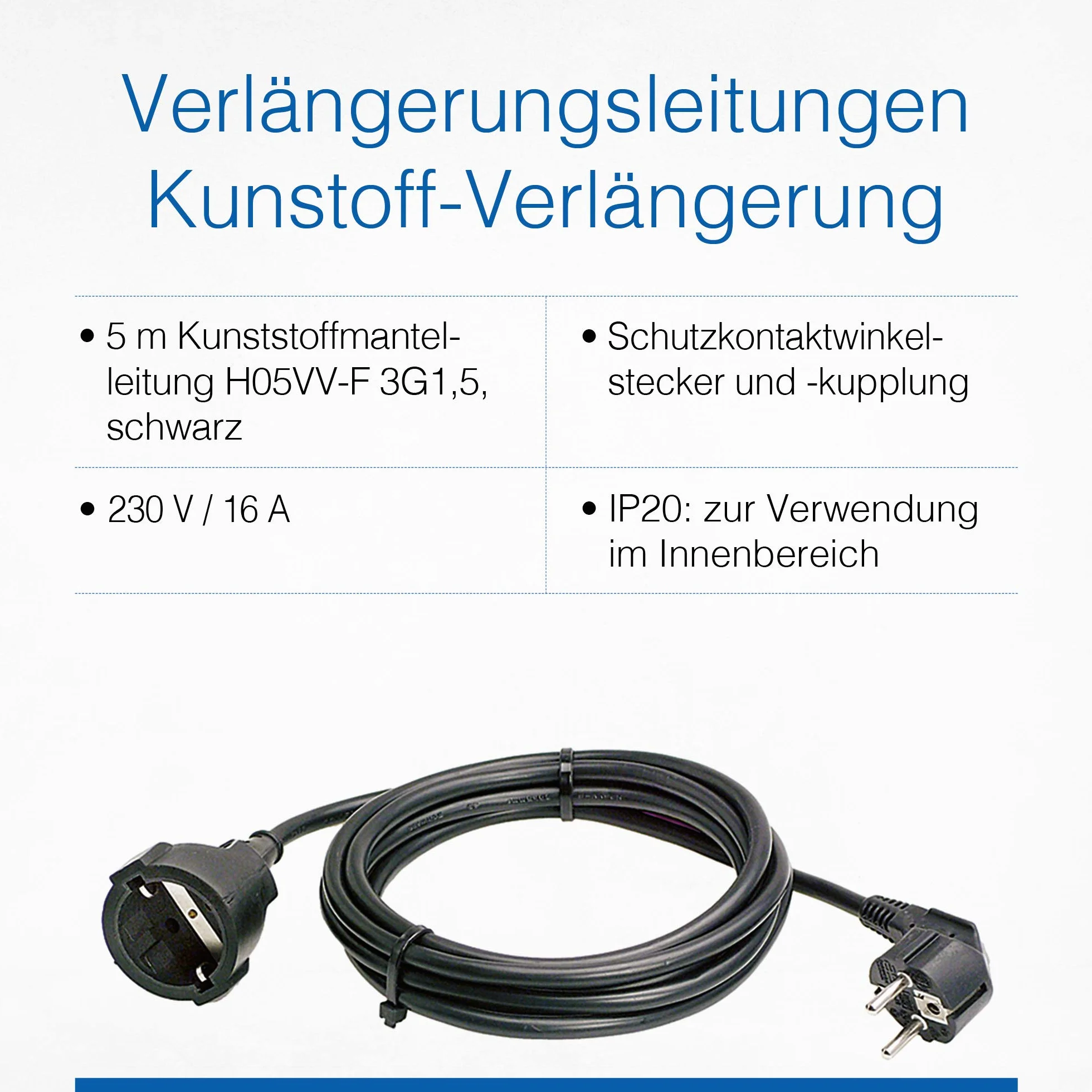 as - Schwabe 50512 PVC Przedłużacz Schuko z Wtyczką Ue, IP20, 230 V/16 A, Długość Kabla 5 m, Czarny