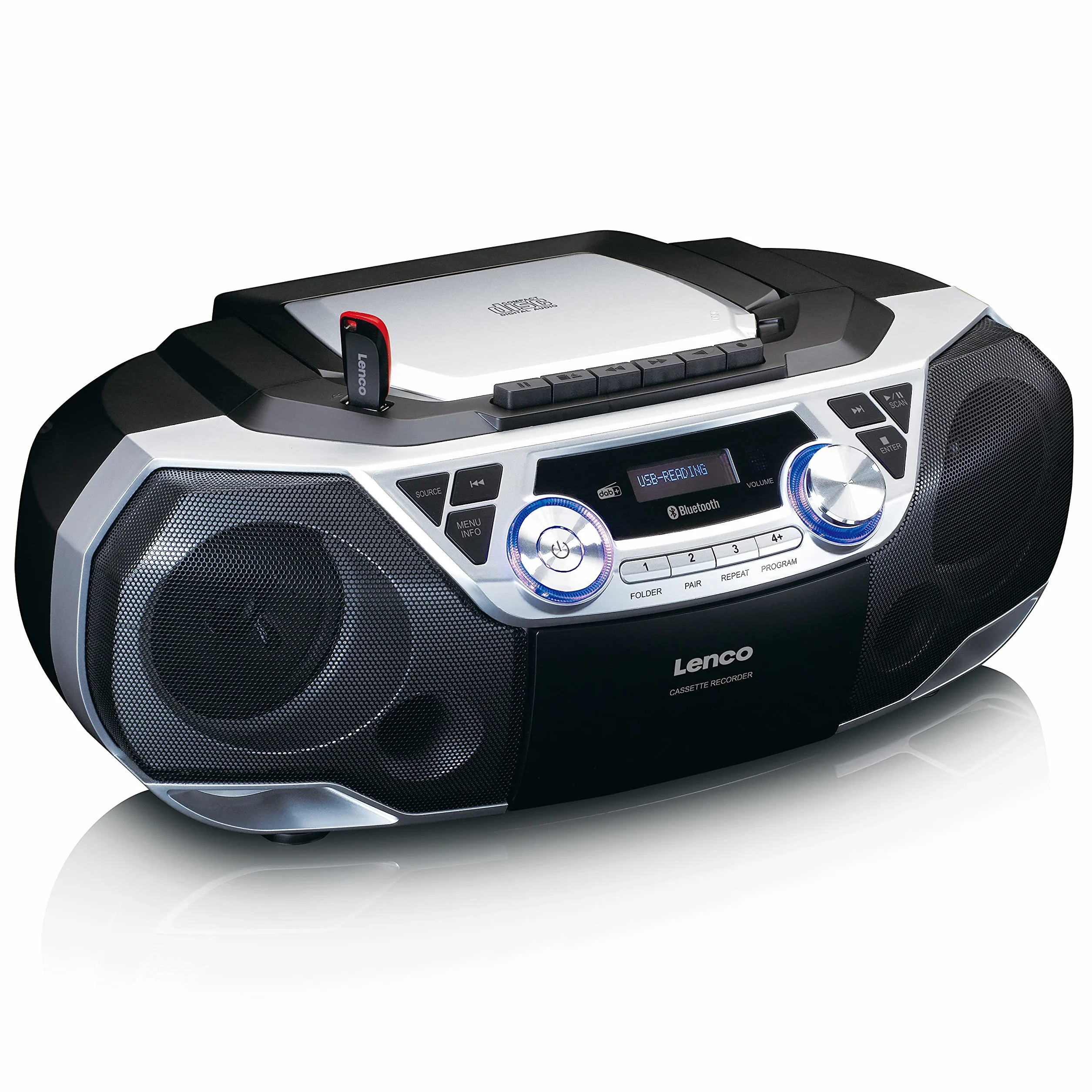 Lenco SCD-720 - Boombox DAB+ - Bluetooth 5.0 - odtwarzacz CD/MP3 od góry - magnetofon - radio FM - złącze USB - 2 x 6 W RMS - Bass Reflex - pilot zdalnego sterowania - srebrny