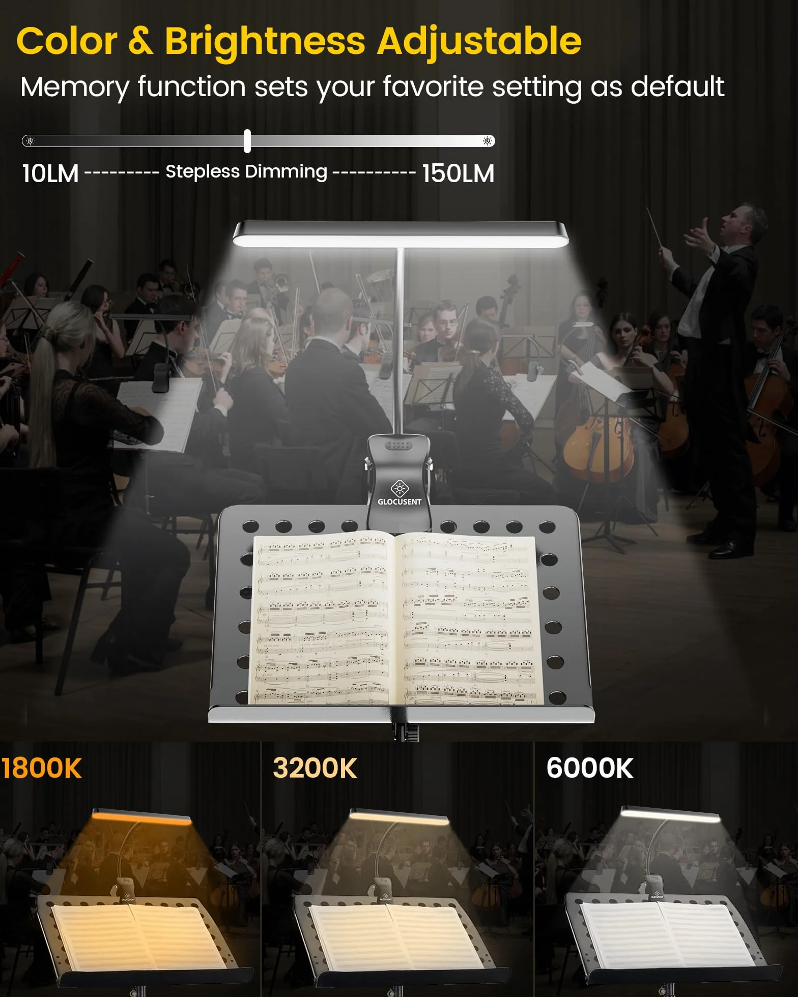 Glocusent 57 LED Super jasny stojak muzyczny światło, oczy dbające o Clip-on światło fortepianowe, 3 kolor 165 jasność, USB-C ładowane, długotrwałe do 140 Hrs, idealne do fortepianu, arkusze, gitara