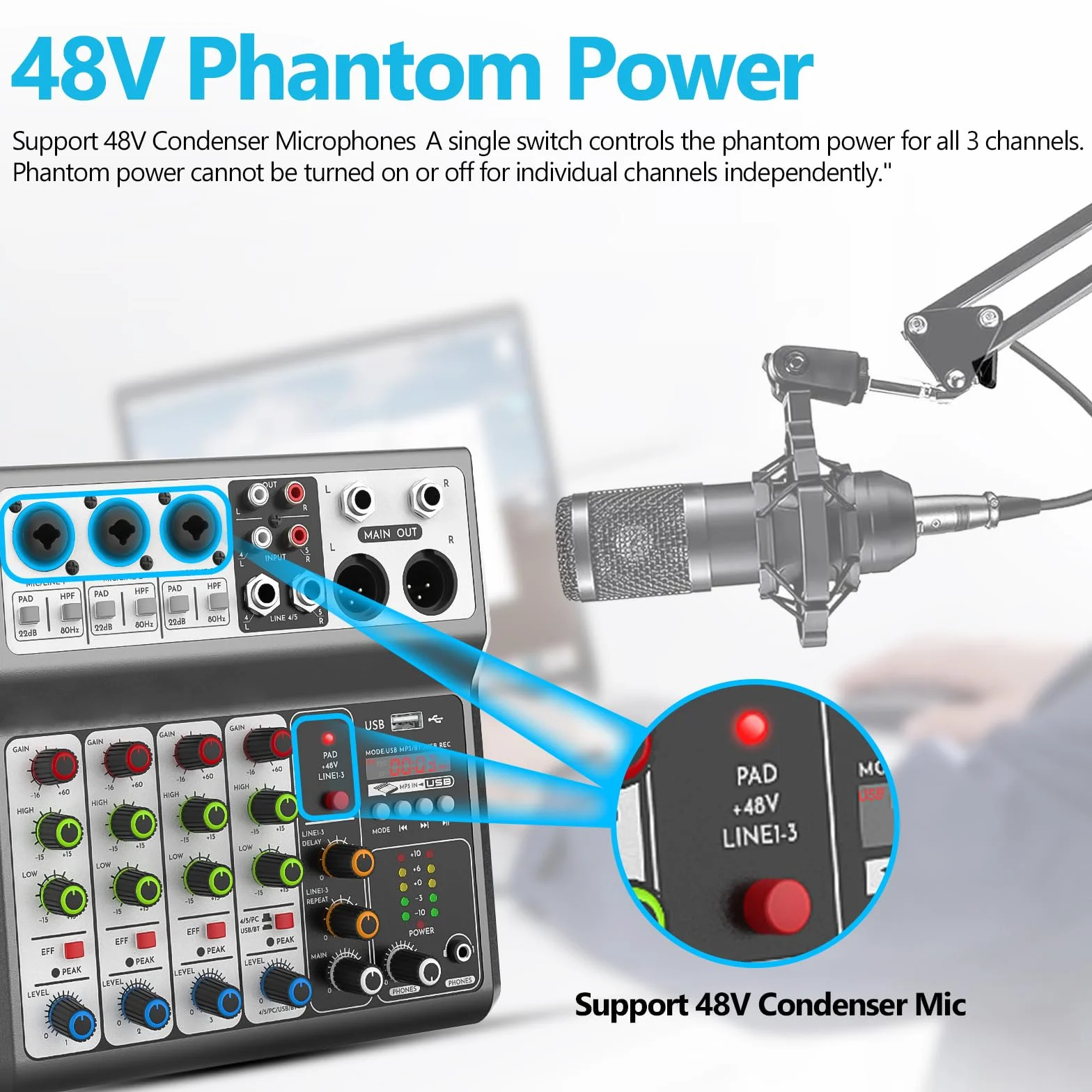 Aveek 5-kanałowy mikser audio USB Bluetooth z phantom 48V i efektem opóźnienia pogłosu