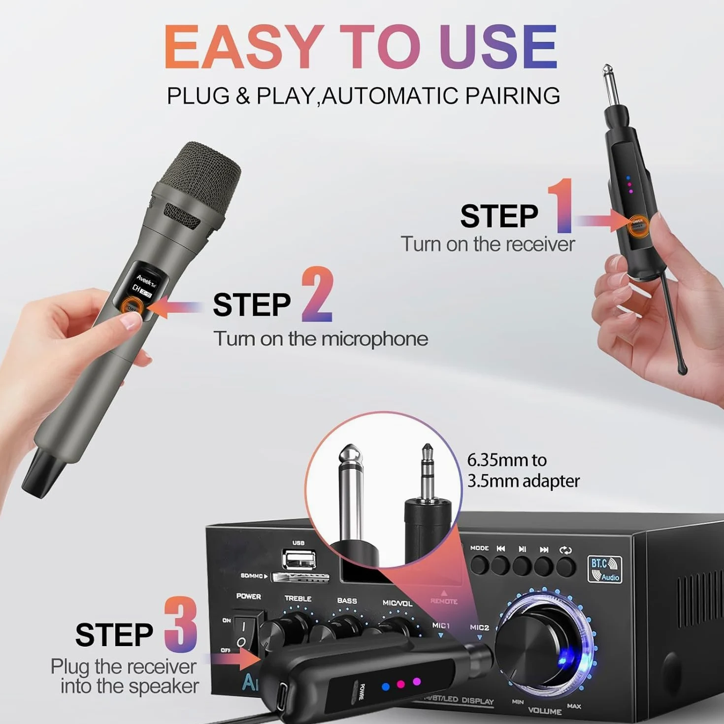 Aveek Bezprzewodowy mikrofon do karaoke, 2,4 GHz, akumulatorowy, dynamiczny mikrofon bezprzewodowy i bezprzewodowy odbiornik do maszyny karaoke, kościoła, przemówień, ślubu, imprezy, śpiewania, szary