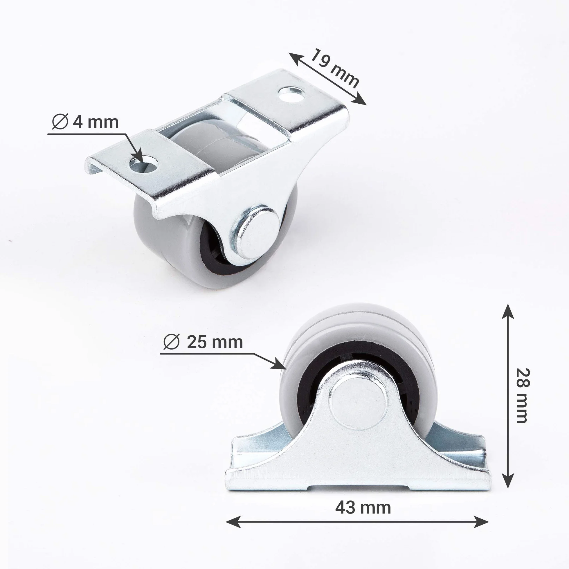 4 x 25 mm gumowe mini kółka z metalową płytką do mebli i wyposażenia