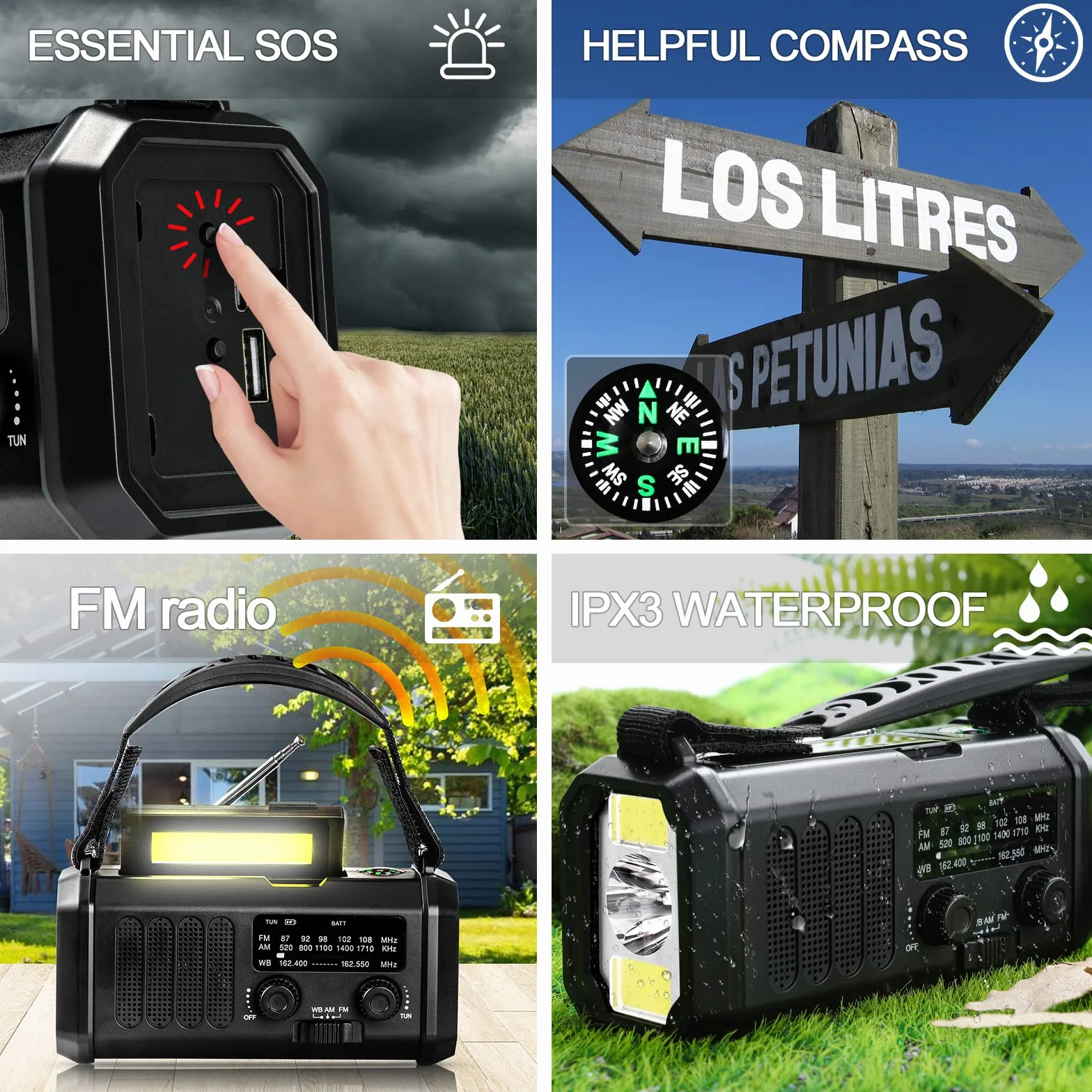 Awaryjne radio pogodowe 10 000 mAh, przenośne radio survivalowe FM/AM/NOAA zasilane bateryjnie i power bank, ładowarka solarna/korba/typ C, latarka, lampka do czytania, kompas,
