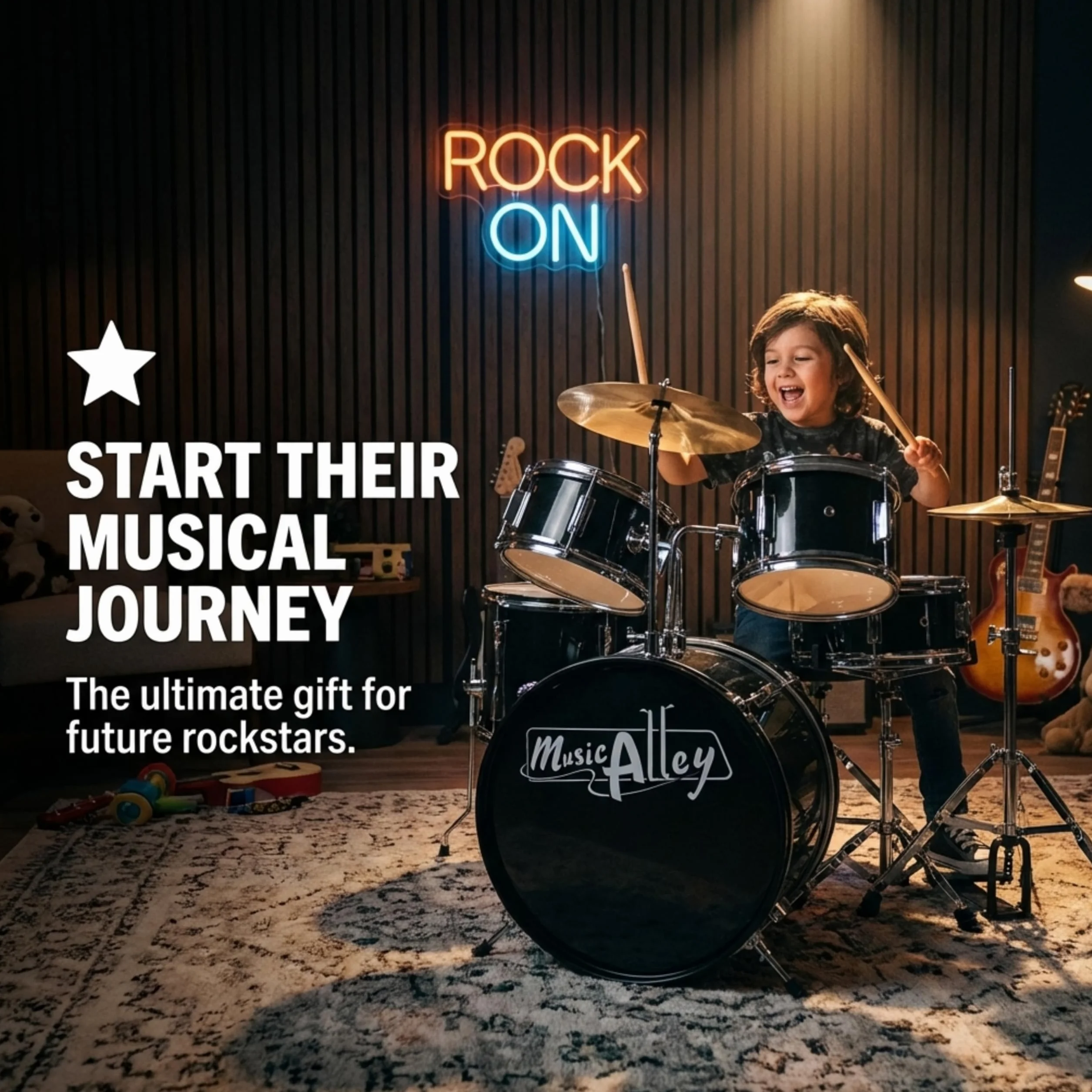Music Alley Junior zestaw perkusyjny dla dzieci z pedałem bębna, stołkiem perkusyjnym i pałeczkami, Niebieski