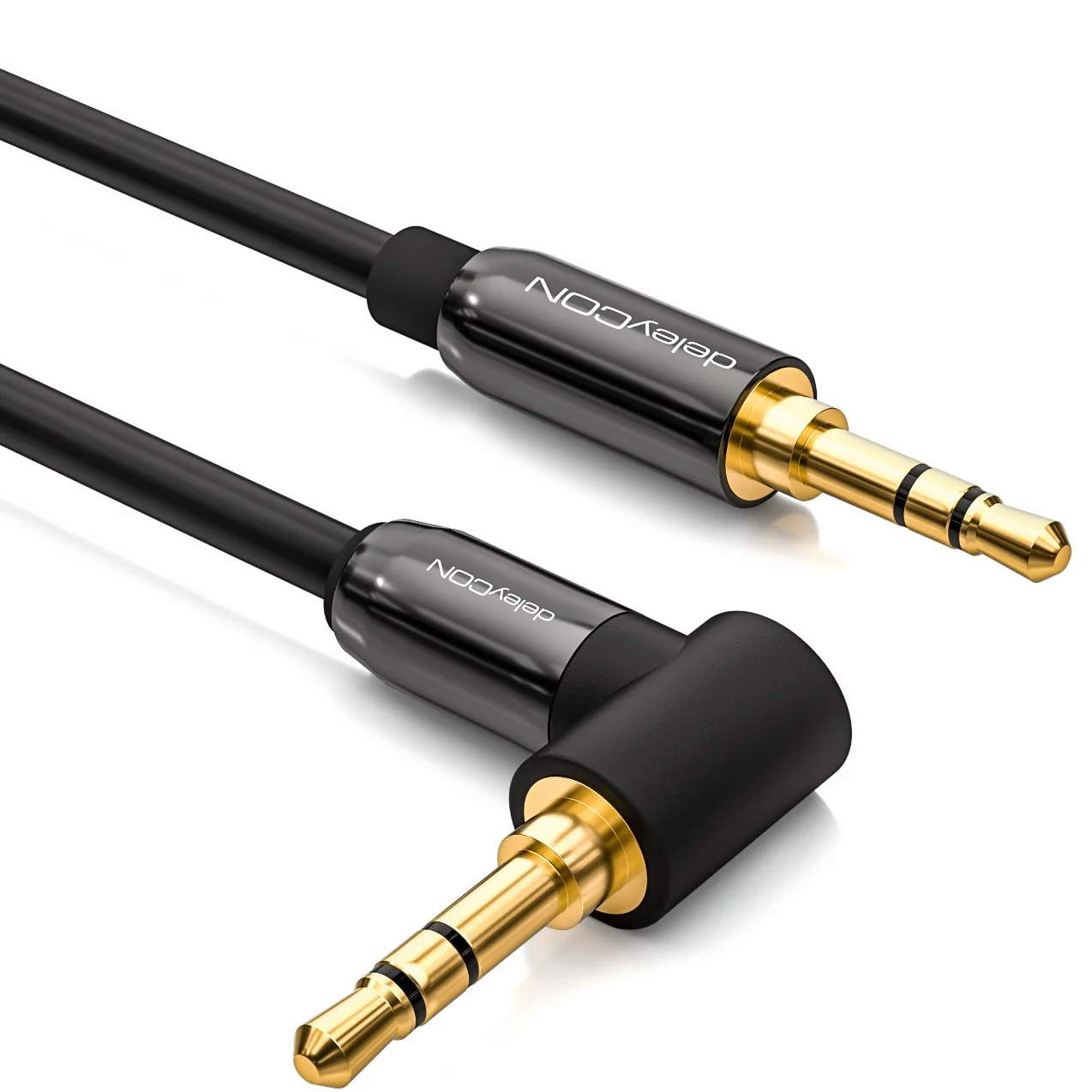 deleyCON 2m Kabel Jack 3,5 mm AUX Kabel Audio Stereo Wtyk Jack 1x Pod Kątem 90° do PC Laptopa Telefonu Smartfona Tabletu Samochodu Amplitunera HiFi - Czarny