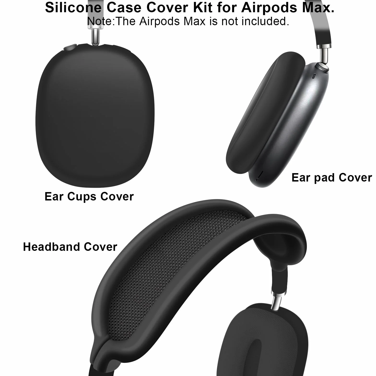 Ainiv Silikonowe etui ochronne na słuchawki Airpods Max (zestaw 3-częściowy) - (opaska + osłona + nauszniki) - czarne | Nakładka na uszy i opaska na głowę