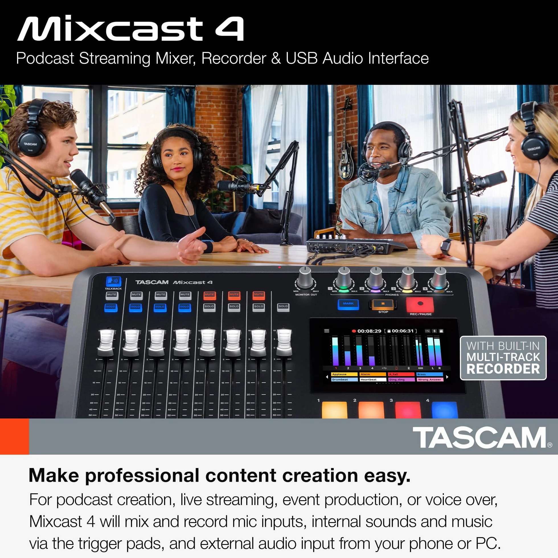 Tascam Mixcast 4 Mikser Audio, Czarny, 14 kanałów, 4 wejścia