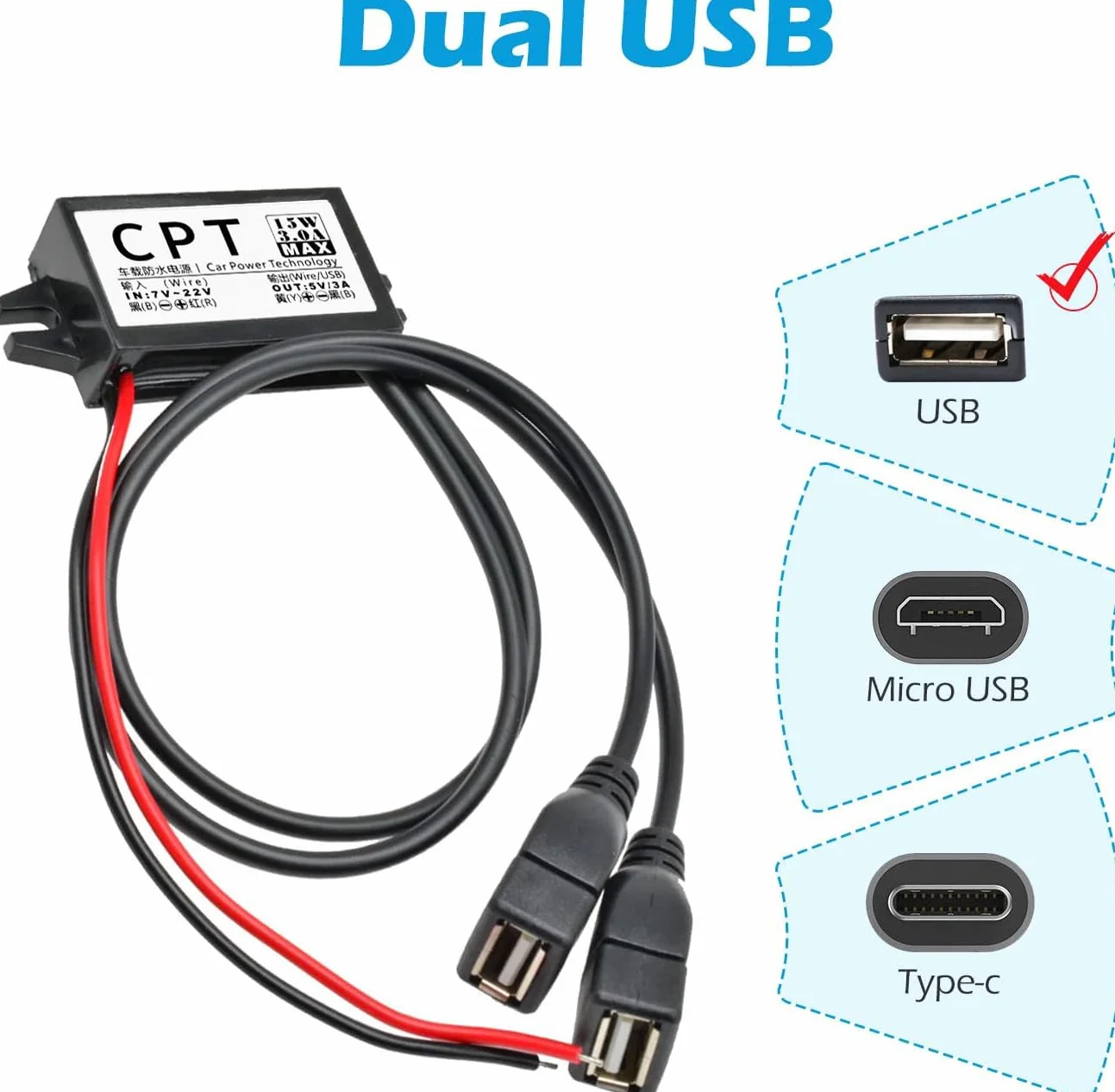 Heemol Adapter USB 12V na 5V,moduł konwertera DC Buck 3A 15W samochodowy przetwornik prądu (Dual USB)