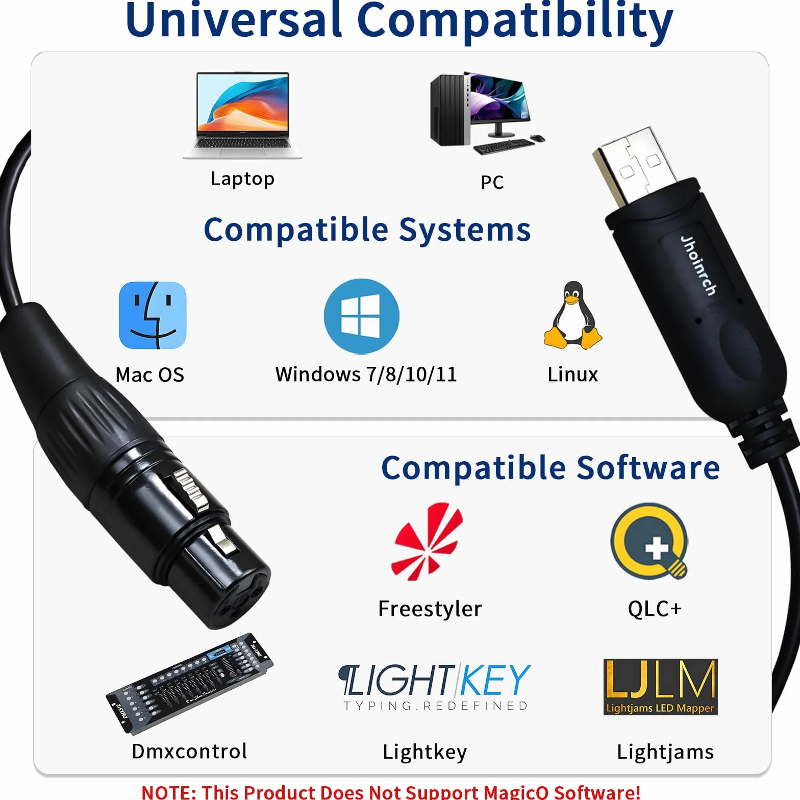 Kabel adaptera interfejsu USB do DMX z chipem FT232RNL – Obsługa Freestyler/QLC+/Dmxcontrol/QLC+/Soundswitch/Lightkey/Lightjams