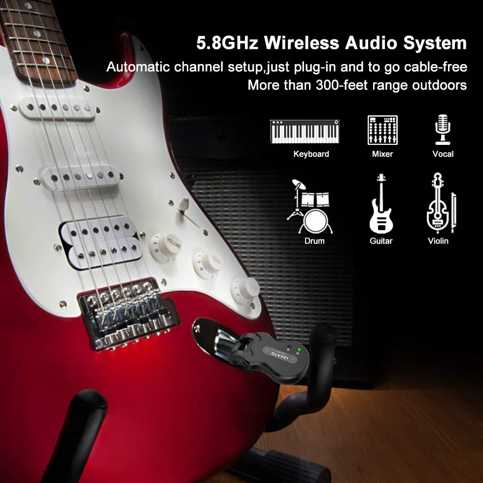 LEKATO 5,8 GHz Gitara Bezprzewodowy transceiver System gitarowy Bezprzewodowy cyfrowy kabel gitarowy z możliwością ładowania o dużej zdolności zapobiegającej zakłóceniom gitary basowej