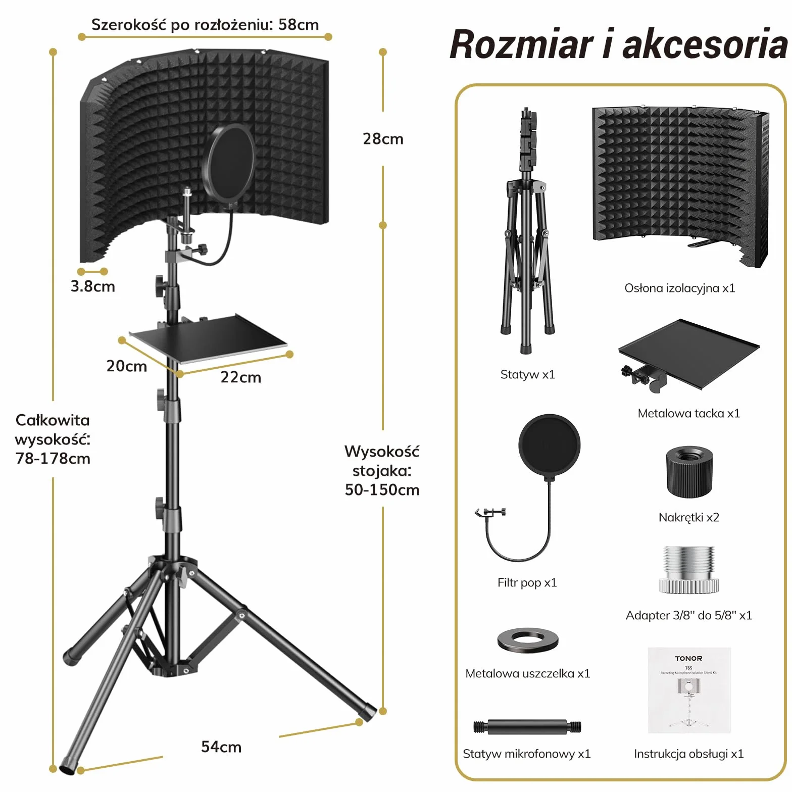 TONOR Zestaw Osłon Izolacyjnych do Mikrofonu, Osłona z Pianki Absorpcyjnej o Wysokiej Gęstości z Filtrem Pop i Statywem, Składana Konstrukcja, Nagrywania, Podcastów