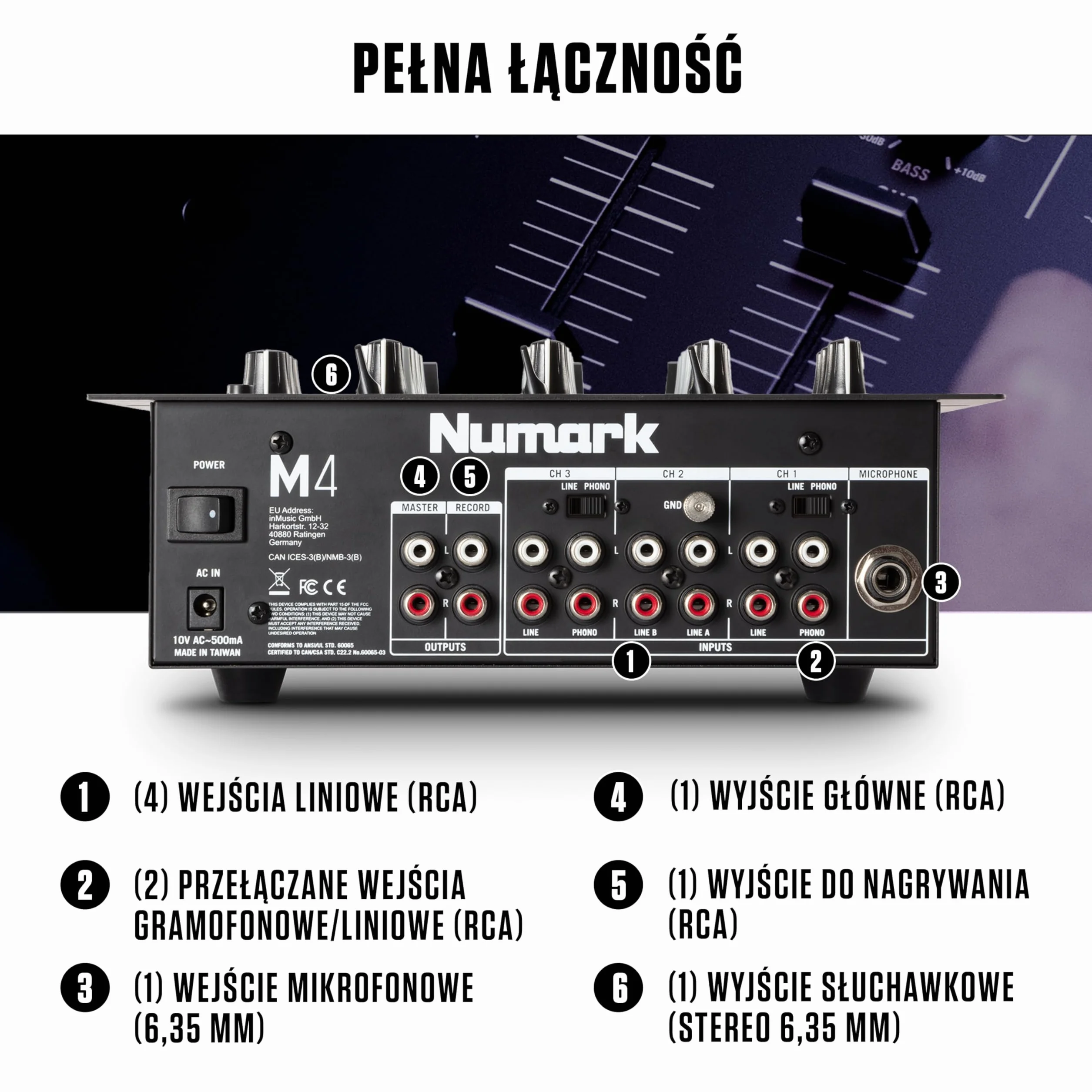 Numark M4 3-kanałowy mikser DJ-ski typu scratch do montażu w racku z 3-pasmowym EQ i crossfaderem