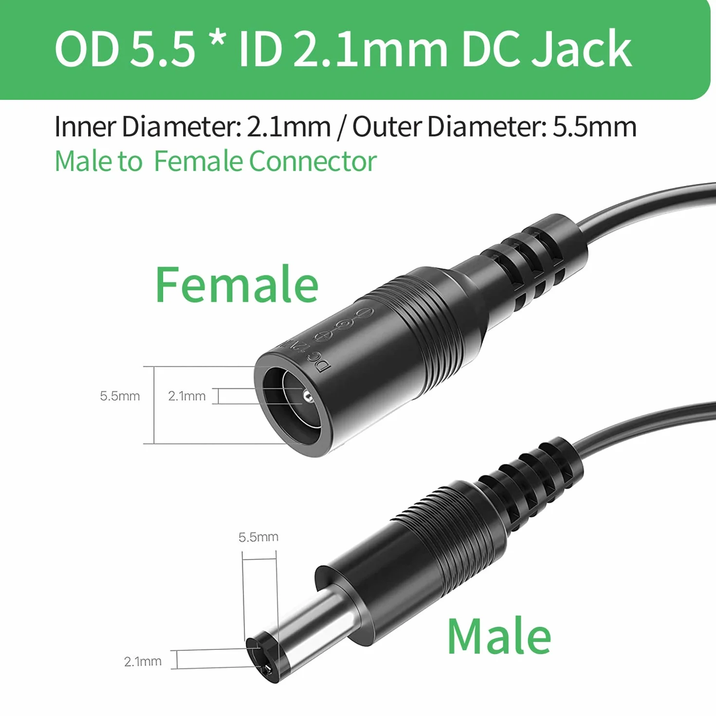 5 m DC Power przedłużacz, wtyczka 5,5 mm x 2,1 mm, obsługuje DC 5 V, 6 V, 9 V, 12 V, 24 V, do kamer bezpieczeństwa, DVR, routerów, drukarek, taśm LED, czarny