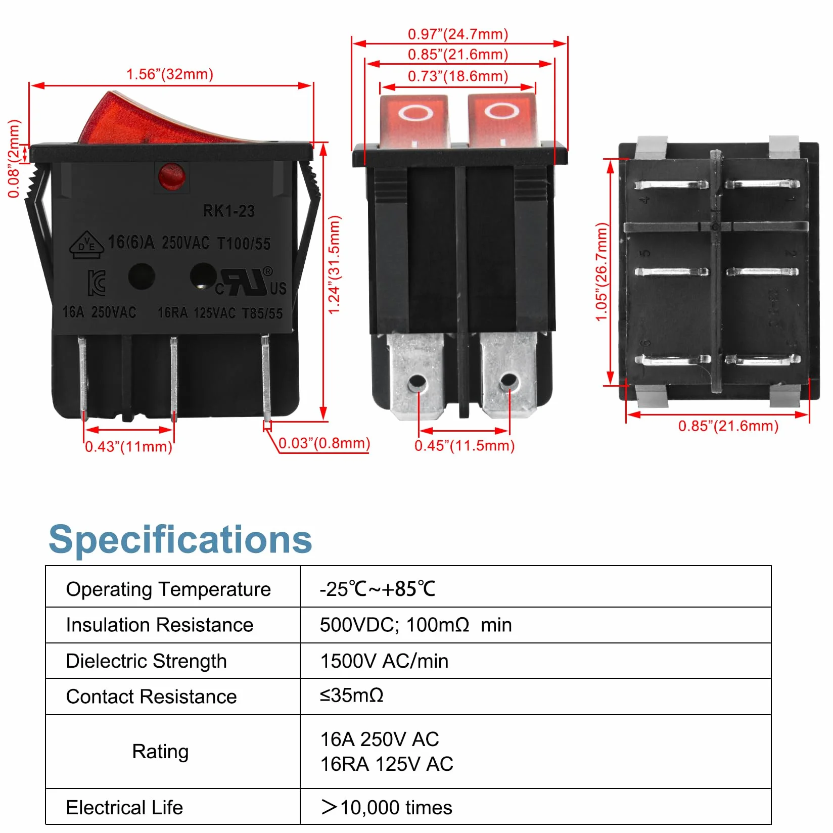 heschen Double Rocker Switch SPST ON-OFF-6 Terminals Red Light 16 A 250 VAC 2 Pack