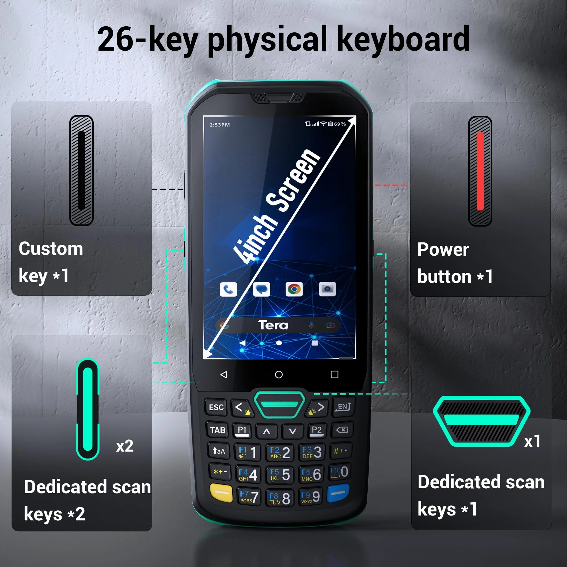 Tera Skaner kodów kreskowych z systemem Android 11 z 26 przyciskami, HS7-skaner silnika IP67, wytrzymały 4 + 64 GB, akumulator 5100 mAh, szybkie ładowanie 4", ekran dotykowy 4", mobilny terminal do
