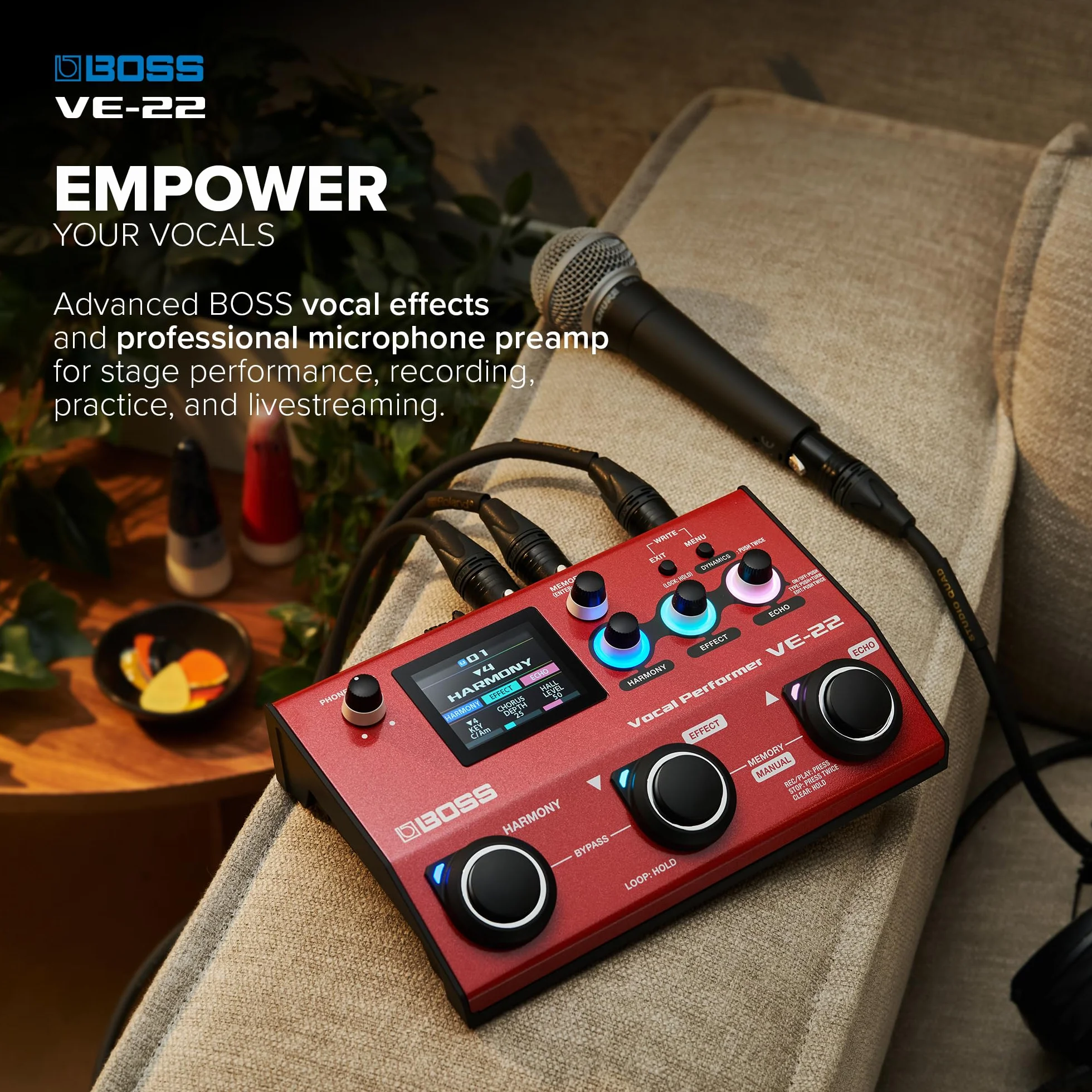 BOSS VE-22 Vocal Performer | Zaawansowany Procesor z Wieloma Efektami dla Wokalistów | Potężne Funkcje Harmonii i Podwajania | Automatyczna Korekcja Wysokości Dźwięku | Idealny do Występów Scenicznych